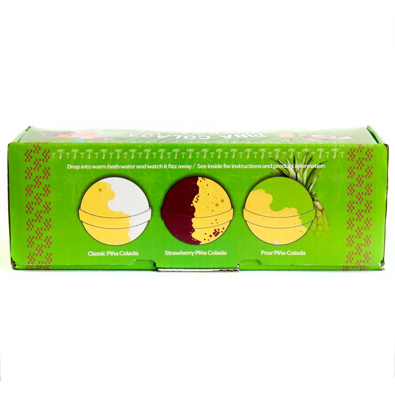 Set of Three Cocktail Bath Bombs - Piña Colada, green box illustrated with yellow, red and green spheres by Quintessential Holistic Health Ltd