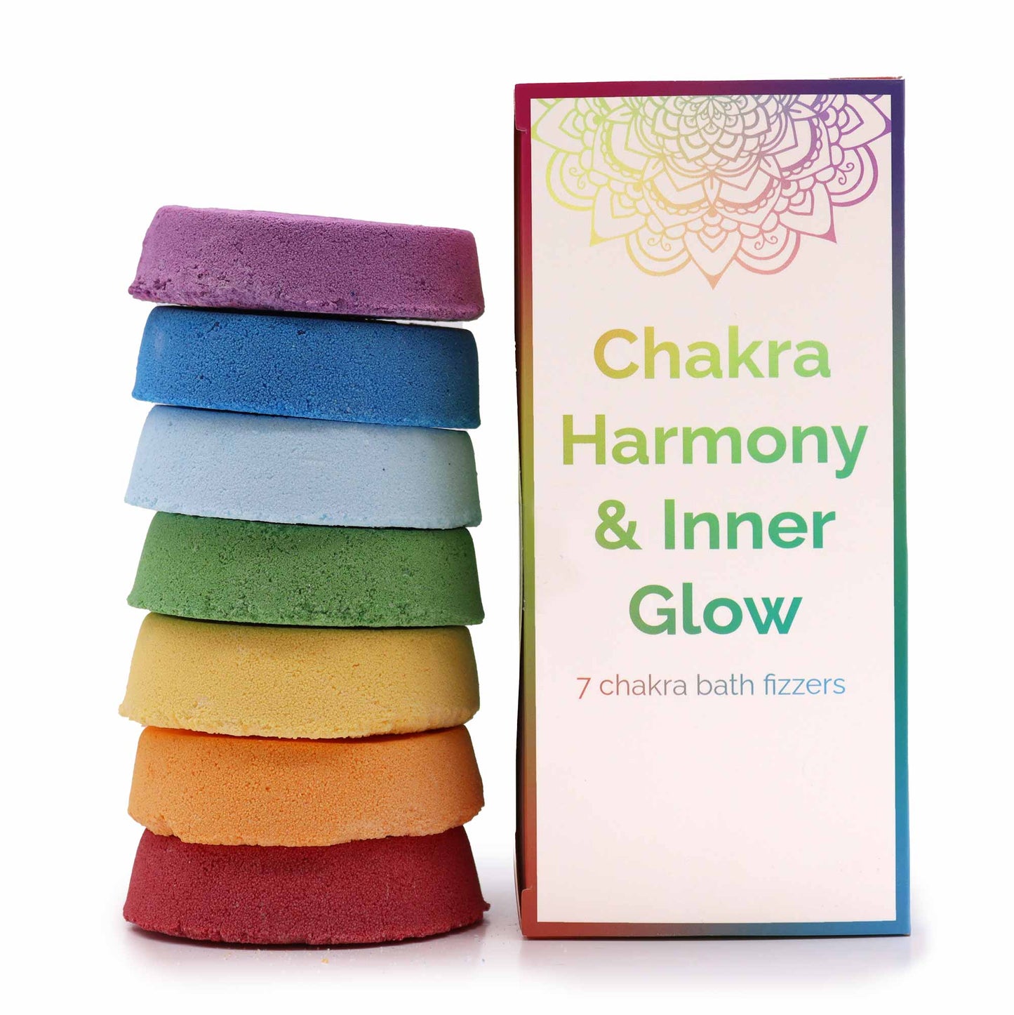 Seven Chakra Bath Fizz - Chakra Harmony and Inner Glow - Large, with seven stacked rainbow-coloured discs and a printed box by Quintessential Holistic Health Ltd