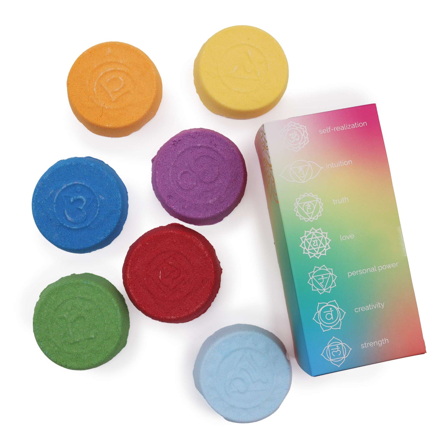 Seven Chakra Bath Fizz - Chakra Harmony and Inner Glow - Large, showing seven colourful chakra-symbol discs beside a printed box by Quintessential Holistic Health Ltd