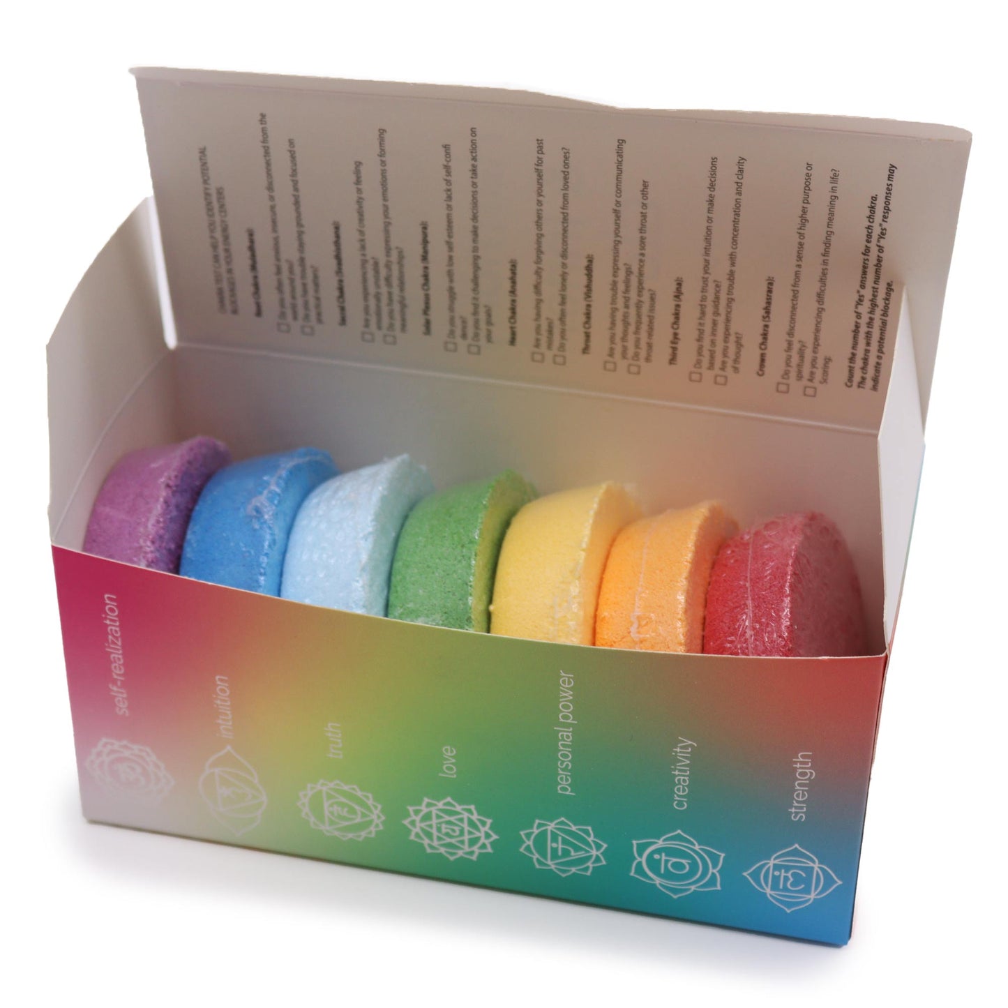 Seven Chakra Bath Fizz - Chakra Harmony and Inner Glow - Large, with seven pastel rainbow discs in an open display box by Quintessential Holistic Health Ltd