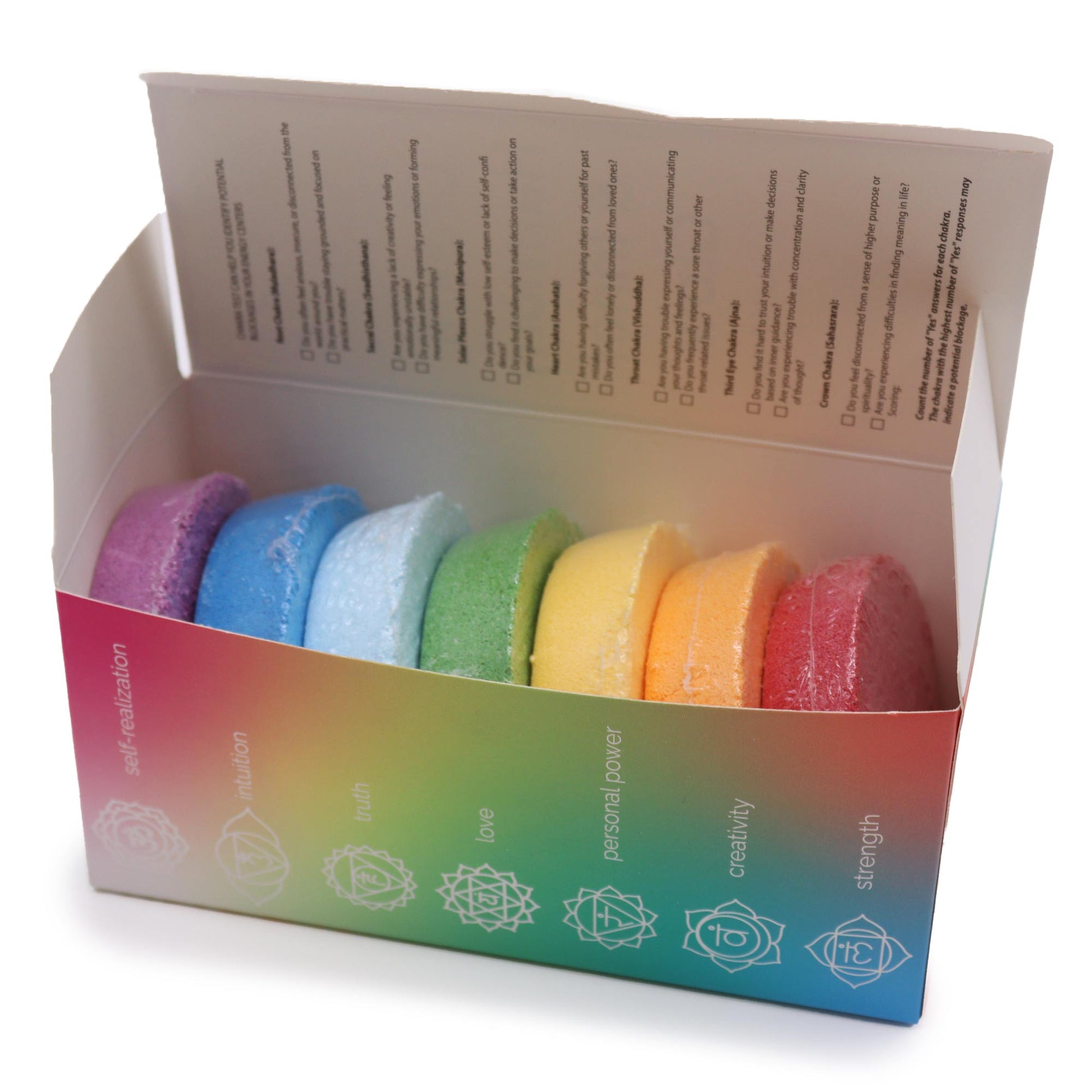 Seven Chakra Bath Fizz - Chakra Harmony and Inner Glow - Large, with seven pastel rainbow discs in an open display box by Quintessential Holistic Health Ltd