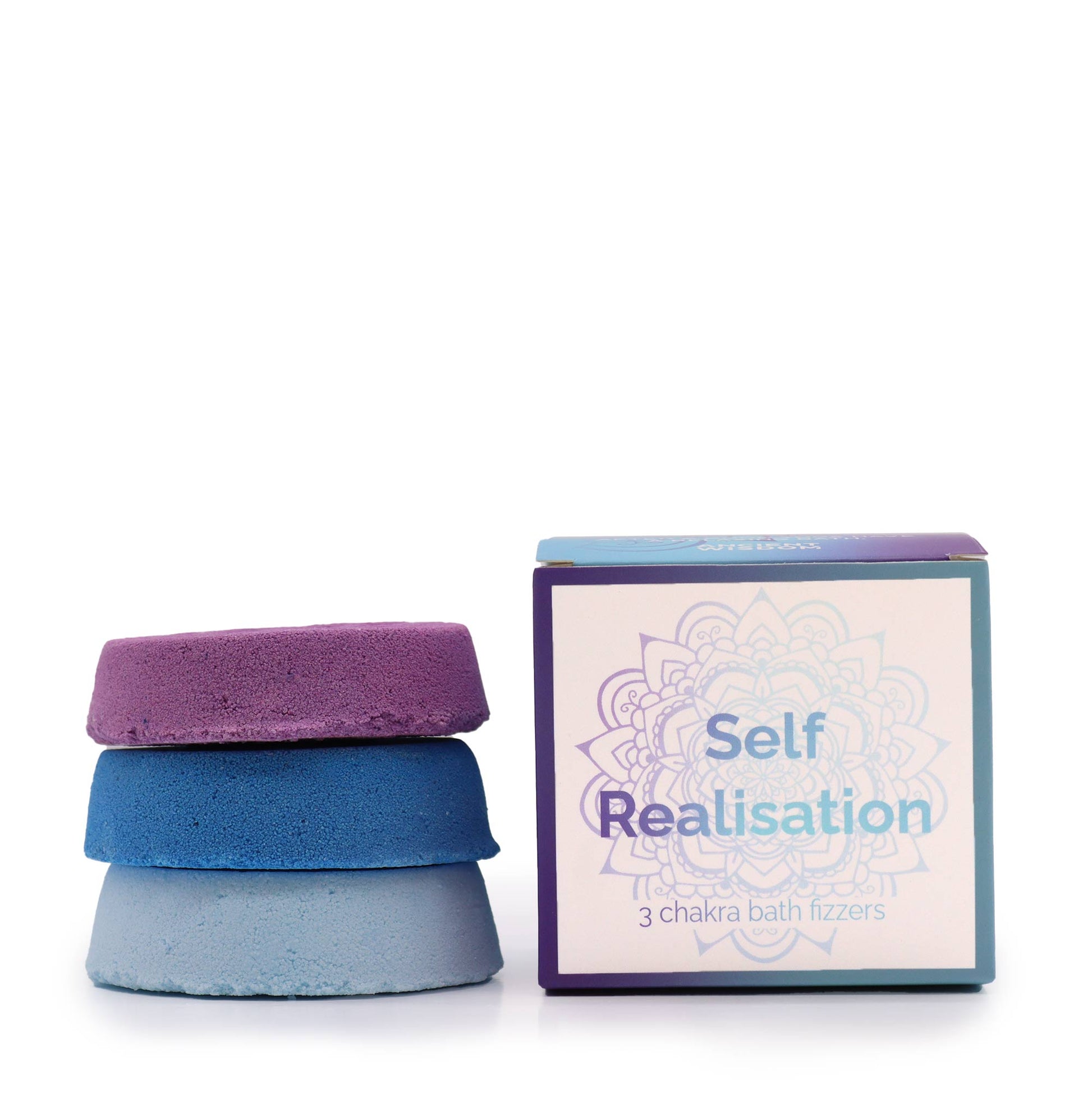Chakra Bath Fizz - Self Realisation - Small, with purple, blue and pale blue discs stacked beside the box by Quintessential Holistic Health Ltd