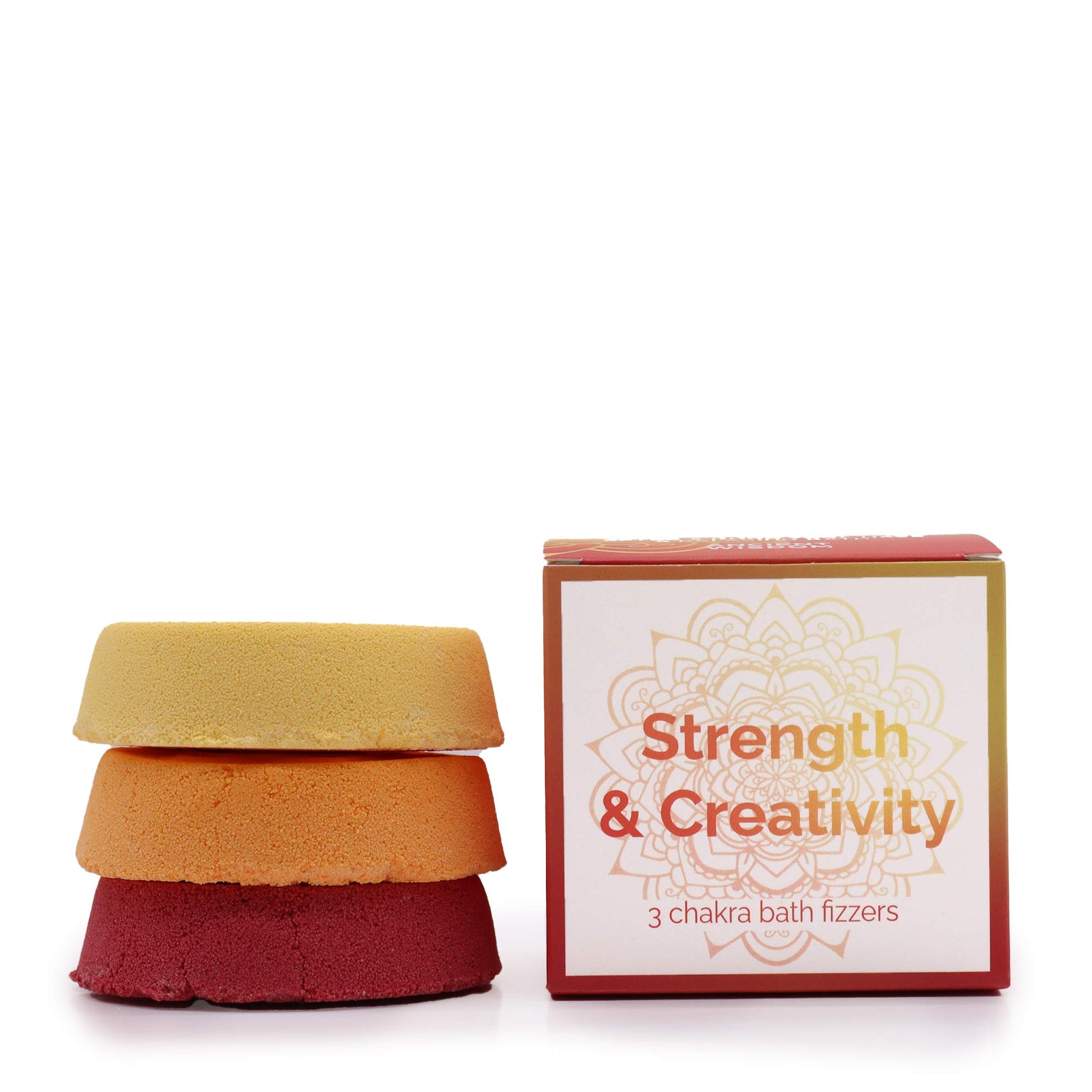 Chakra Bath Fizz - Strength and Creativity - Small, with yellow, orange and red discs stacked beside the box by Quintessential Holistic Health Ltd