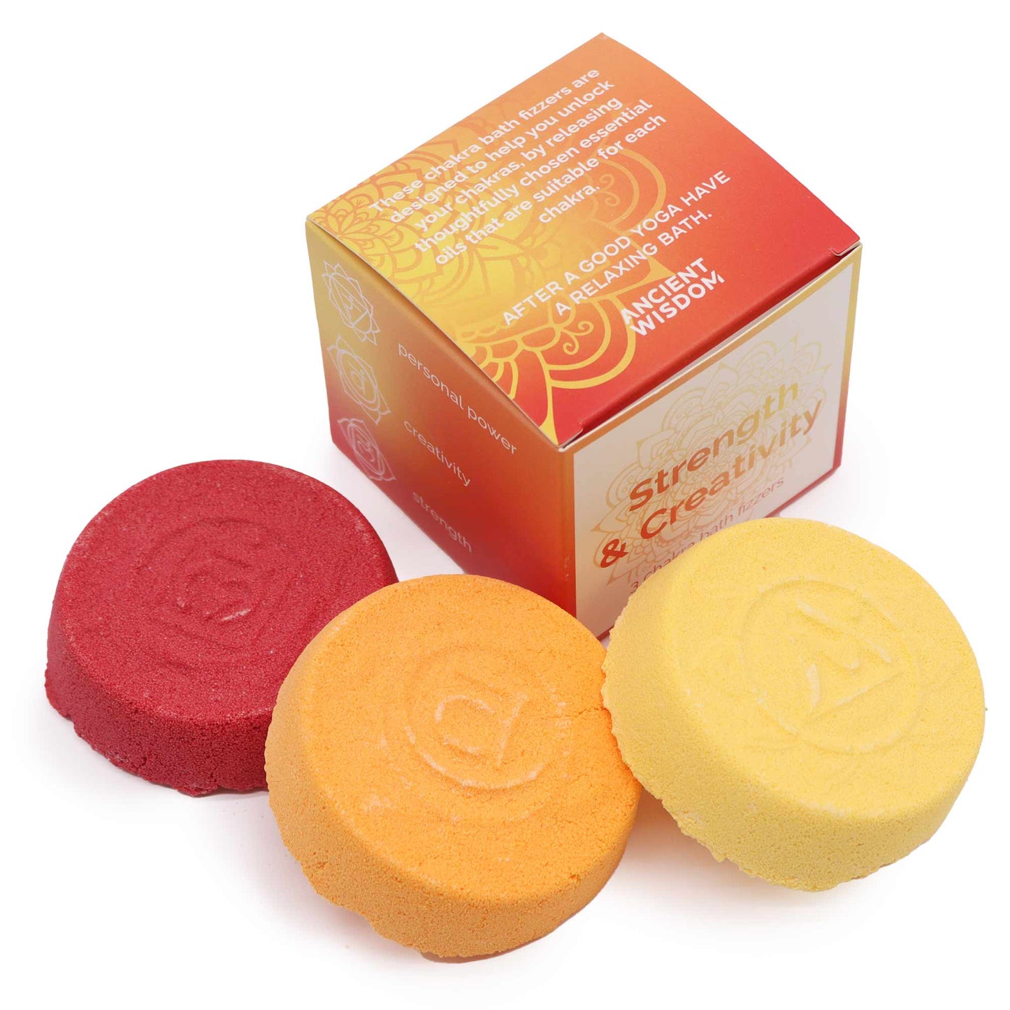 Chakra Bath Fizz - Strength and Creativity - Small, with red, orange and yellow chakra-symbol discs beside the box by Quintessential Holistic Health Ltd