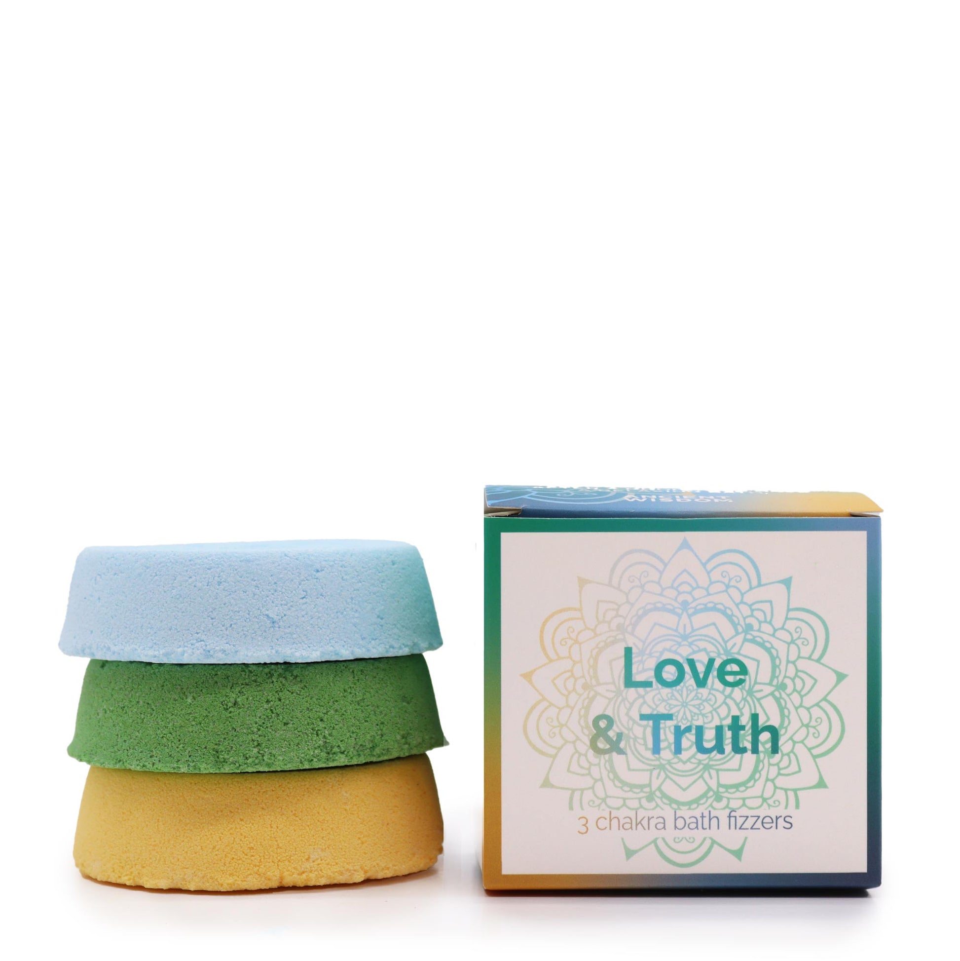 Chakra Bath Fizz - Love and Truth - Small, with blue, green and yellow discs stacked beside the box by Quintessential Holistic Health Ltd