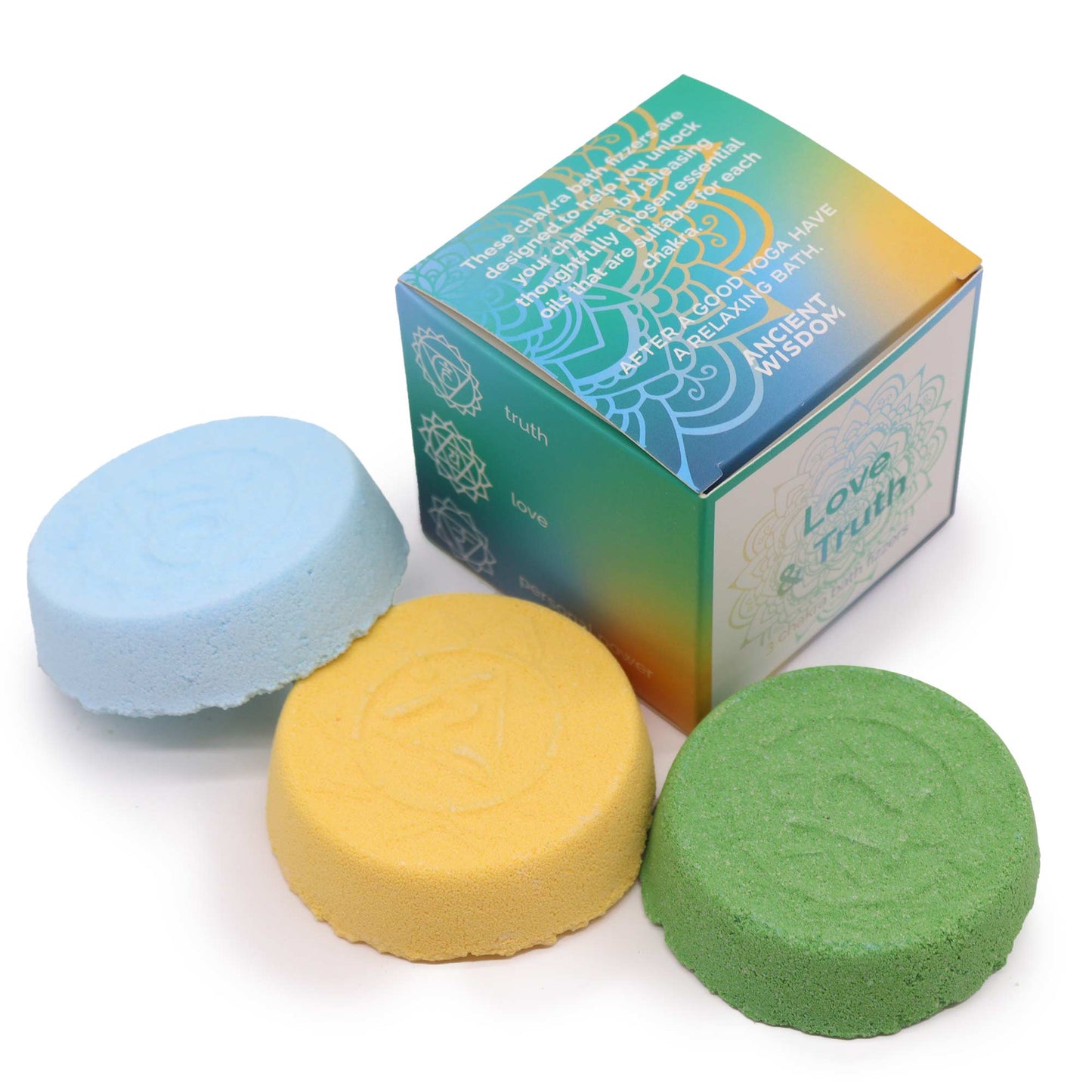 Chakra Bath Fizz - Love and Truth - Small, with light blue, yellow and green chakra-symbol discs beside the box by Quintessential Holistic Health Ltd