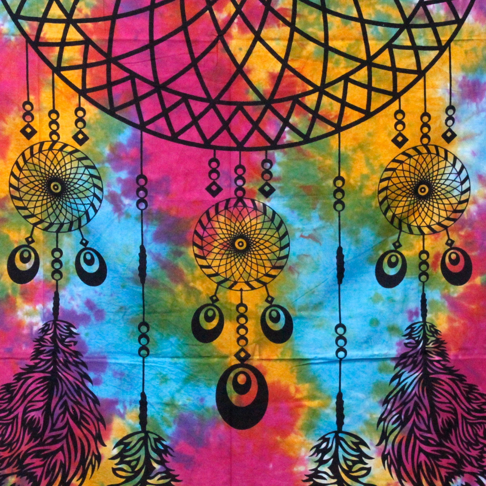 Double Cotton Wall Hanging or Bedspread - Dreamcatcher shown close-up with a large black web and dangling circular ornaments by Quintessential Holistic Health Ltd