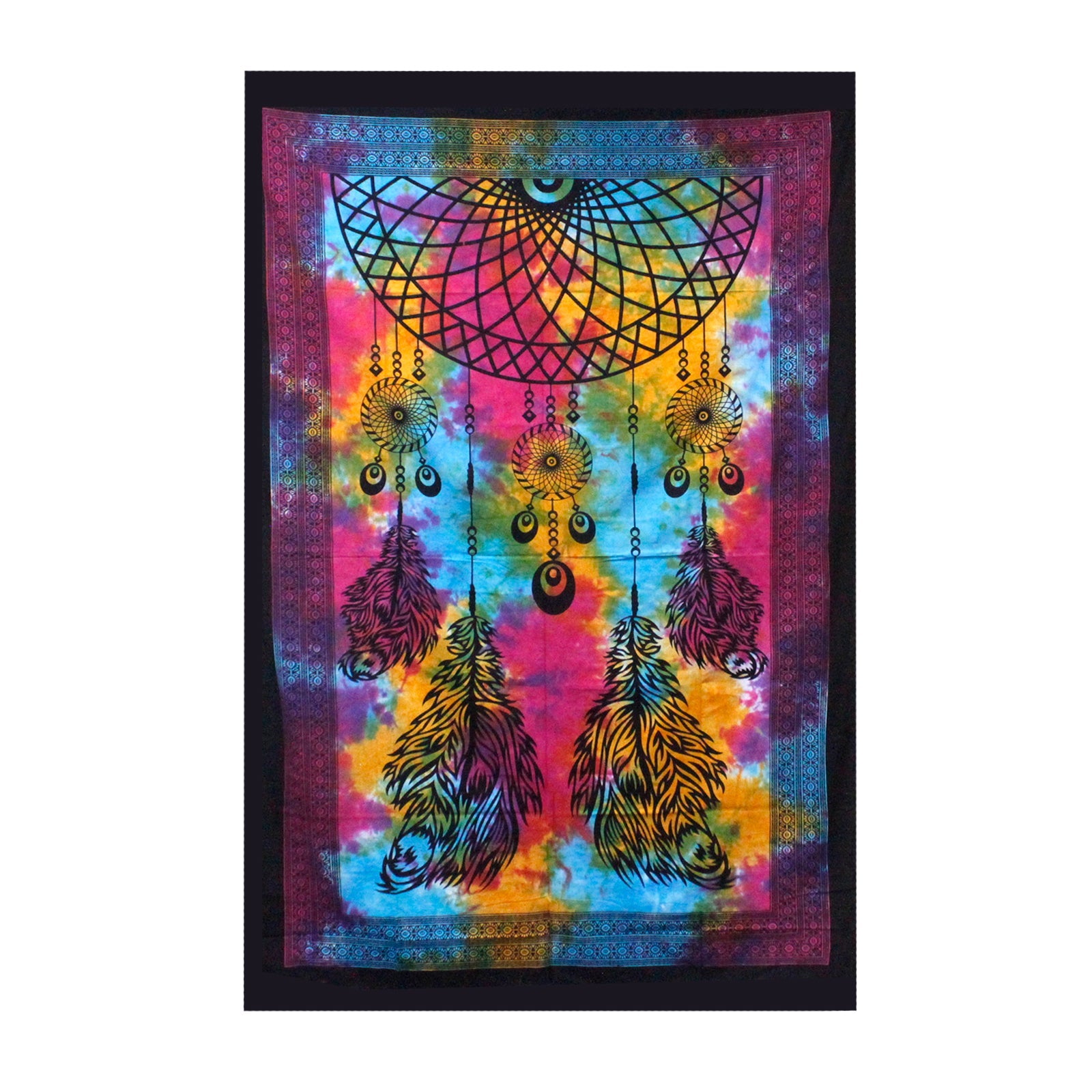 Double Cotton Wall Hanging or Bedspread - Dreamcatcher with a geometric web, hanging feathers and vivid colours on black by Quintessential Holistic Health Ltd