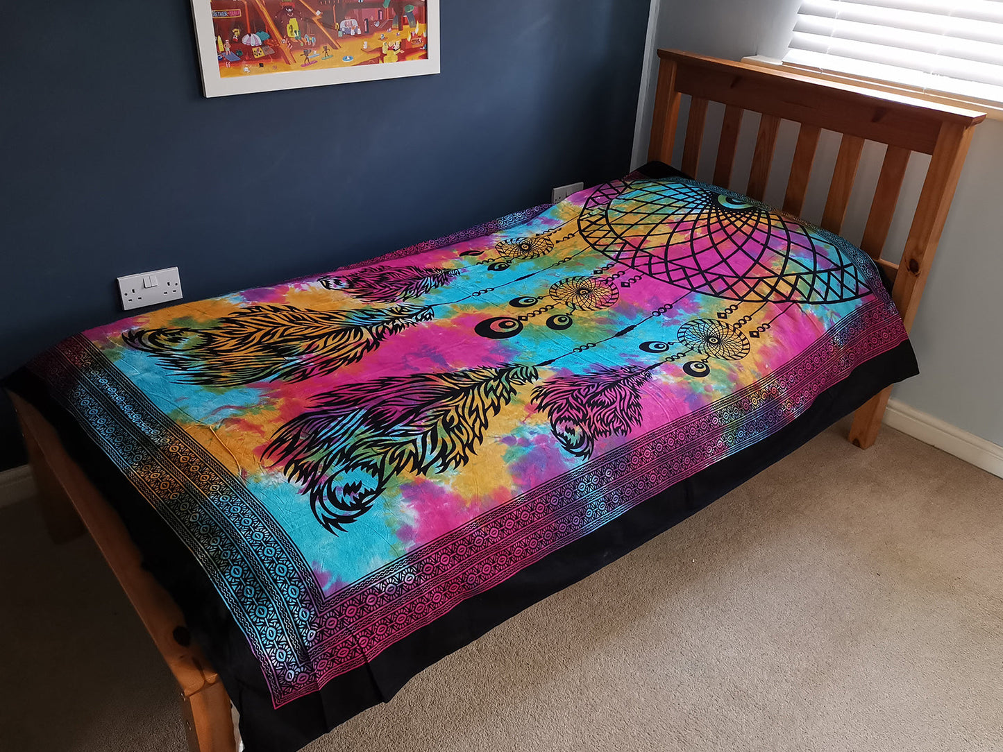 Cotton Wall Hanging or Bedspread - Single - Dreamcatcher spread over a single bed, with a rainbow dreamcatcher, web and feather design by Quintessential Holistic Health Ltd