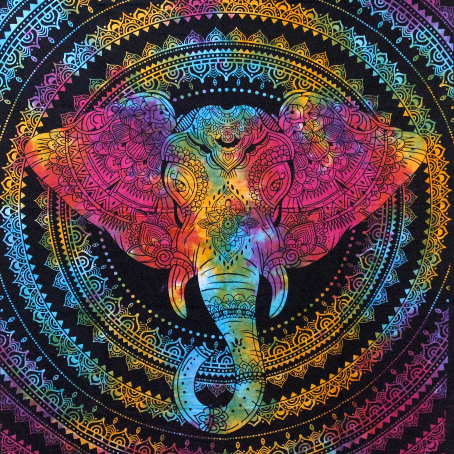 Double Cotton Wall Hanging or Bedspread - Elephant Head with vivid pink ears and blue trunk within ornate circular patterns by Quintessential Holistic Health Ltd