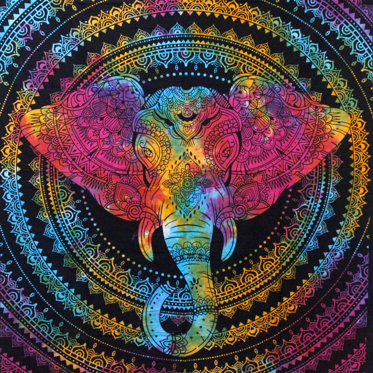 Cotton Wall Hanging or Bedspread - Single - Elephant Head with a pink, blue and yellow elephant inside an ornate circular mandala by Quintessential Holistic Health Ltd