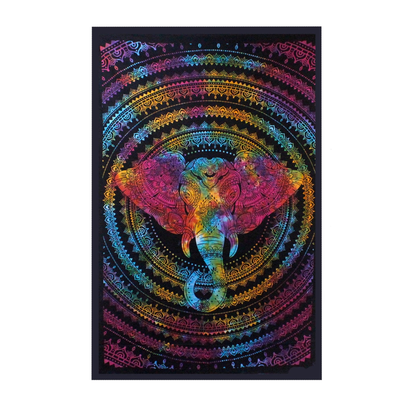 Double Cotton Wall Hanging or Bedspread - Elephant Head with a multicoloured elephant framed by concentric decorative bands by Quintessential Holistic Health Ltd