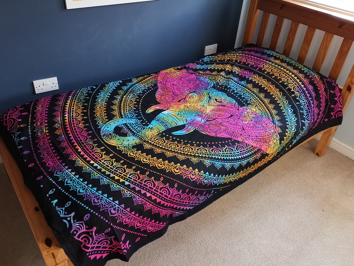 Cotton Wall Hanging or Bedspread - Single - Elephant Head spread over a single bed, with a large multicoloured elephant motif by Quintessential Holistic Health Ltd