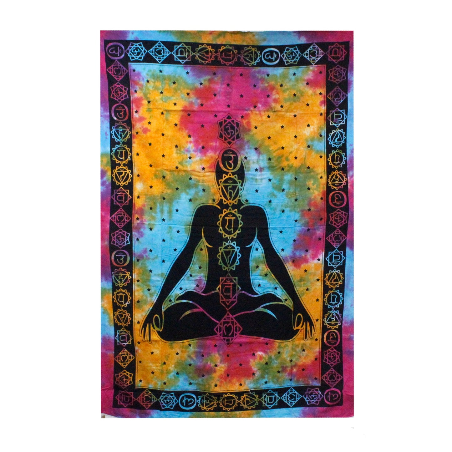 Cotton Wall Hanging or Bedspread - Double - Chakra Buddha with a seated black figure and colourful chakra symbols by Quintessential Holistic Health Ltd