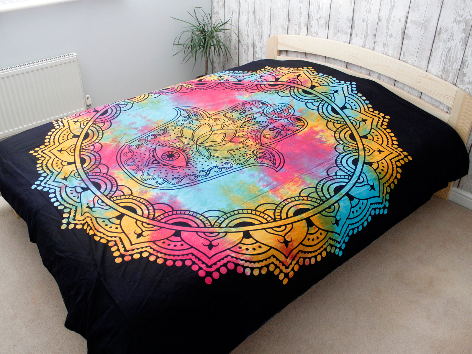 Cotton Wall Hanging or Bedspread - Double - Black Hamsa spread across a bed with its circular mandala centred by Quintessential Holistic Health Ltd
