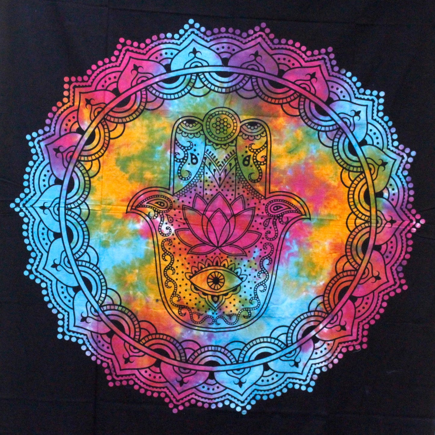 Cotton Wall Hanging or Bedspread - Double - Black Hamsa with a multicoloured circular mandala and central hand motif by Quintessential Holistic Health Ltd
