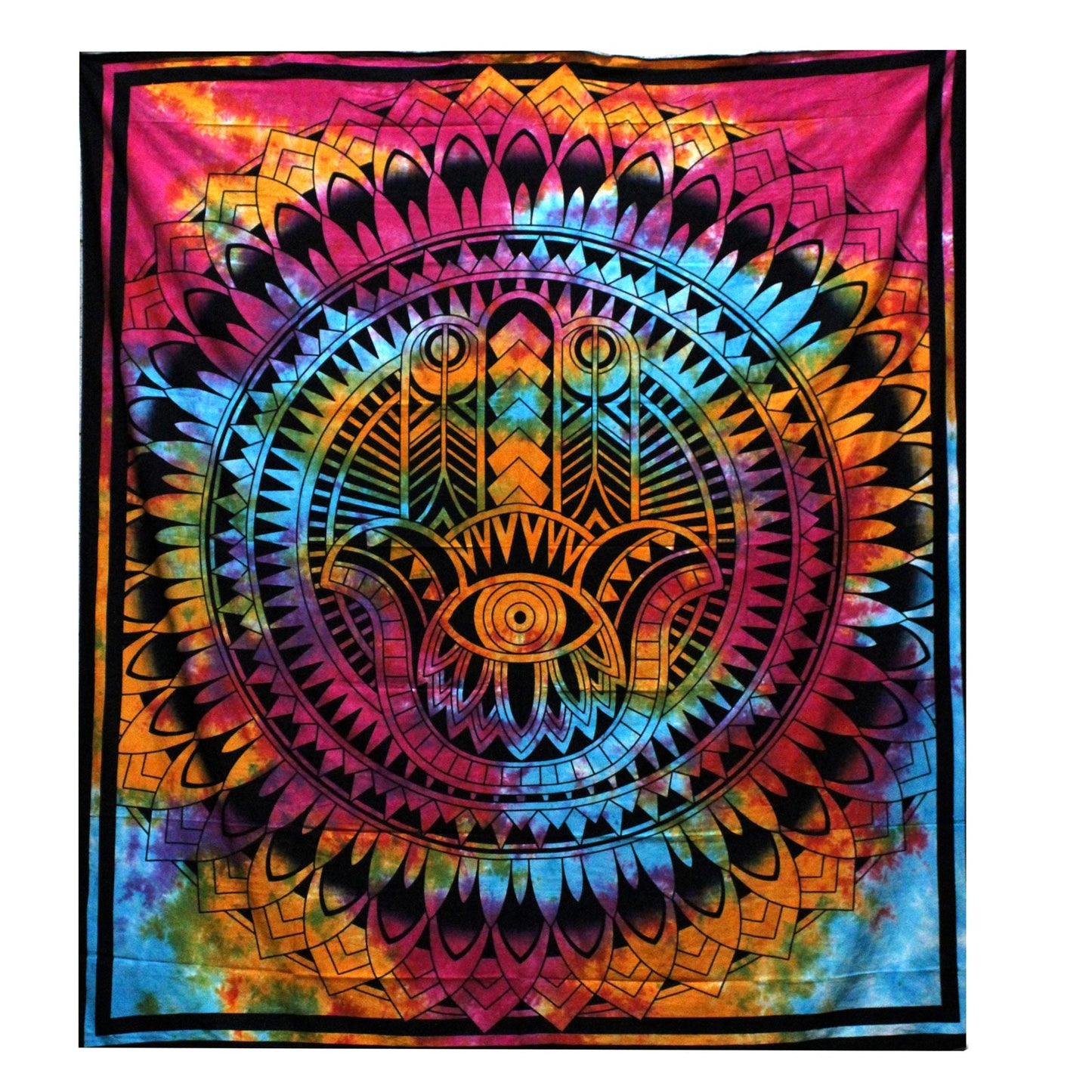 Cotton Wall Hanging or Bedspread - Double - Hamsa with a central eye, layered petals and bright geometric patterns by Quintessential Holistic Health Ltd