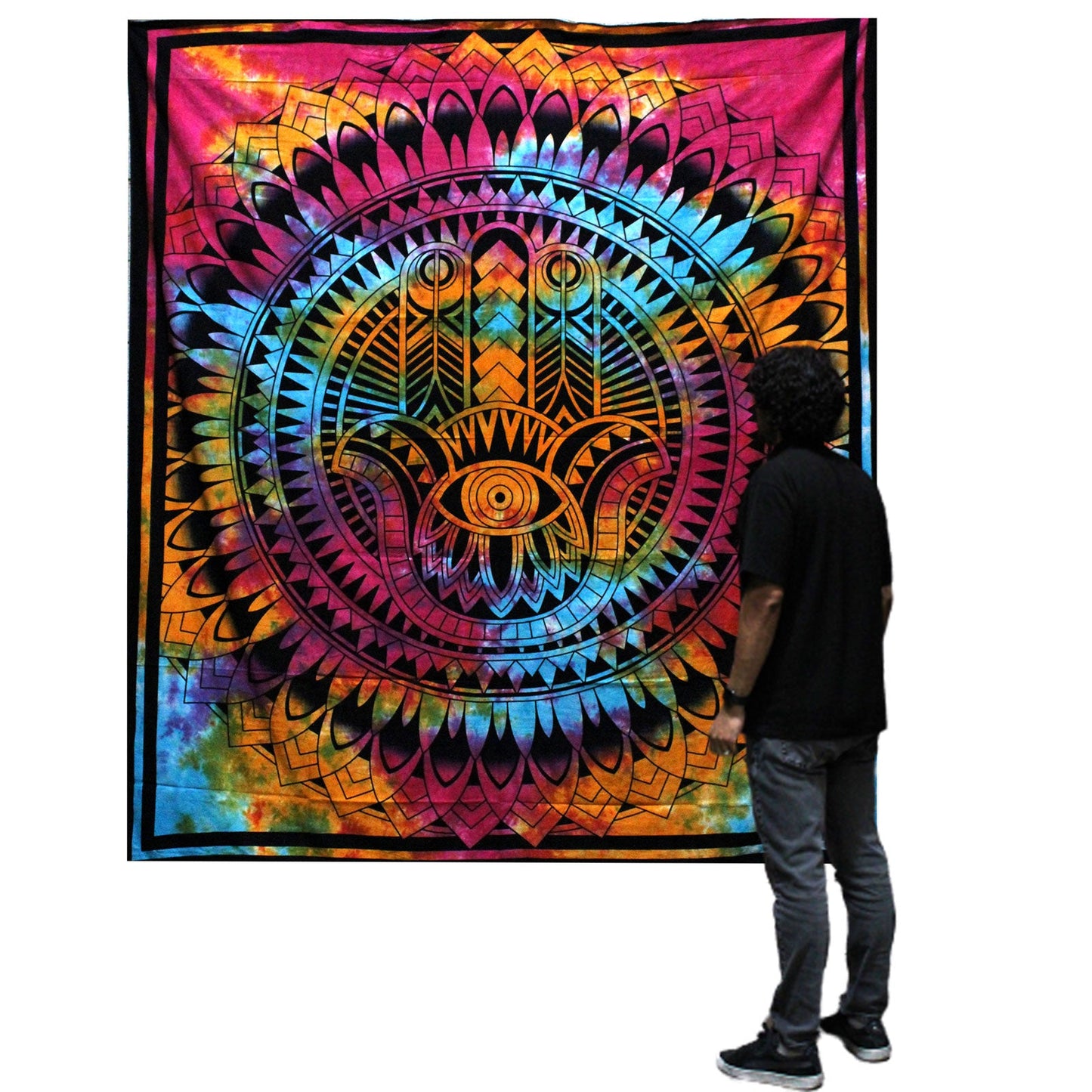 Cotton Wall Hanging or Bedspread - Double - Hamsa displayed beside a standing person with its large central eye visible by Quintessential Holistic Health Ltd