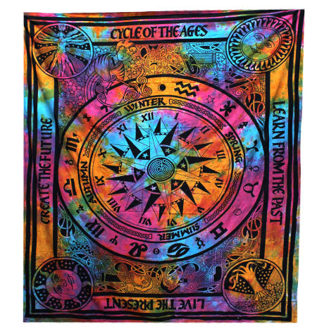 Cotton Wall Hanging or Bedspread - Double - Circle of Ages with a zodiac wheel, compass design and vivid border by Quintessential Holistic Health Ltd
