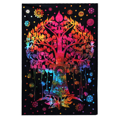 Cotton Wall Hanging or Bedspread - Double - Bodhi Tree with a vivid pink tree, seated figure and celestial motifs on black by Quintessential Holistic Health Ltd