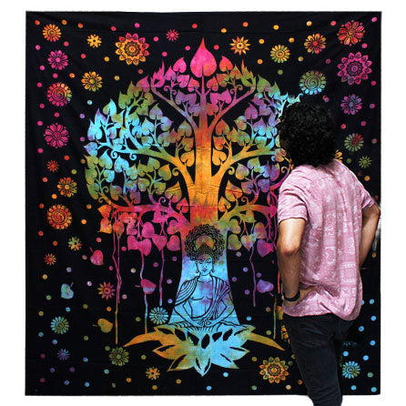 Cotton Wall Hanging or Bedspread - Single - Bodhi Tree, large rainbow tree design displayed behind a standing person by Quintessential Holistic Health Ltd
