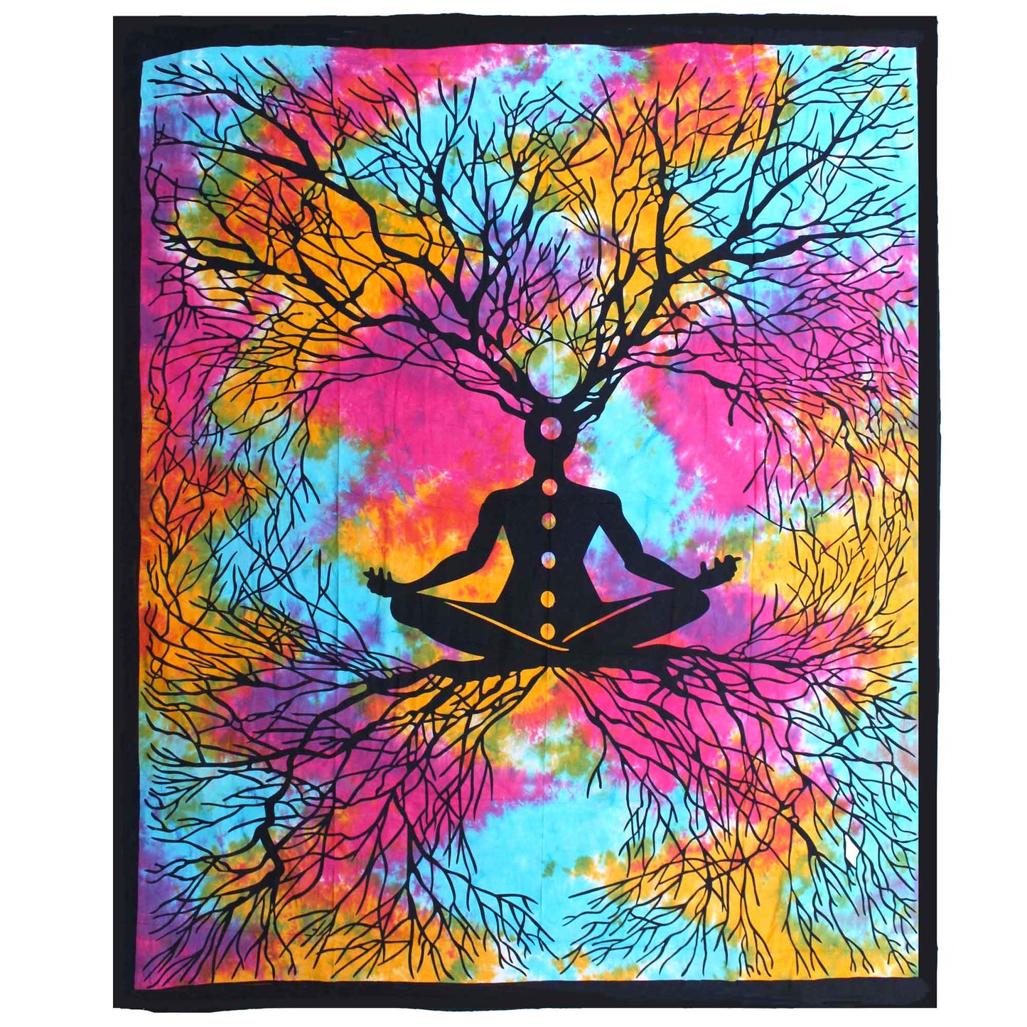 Cotton Wall Hanging or Bedspread - Double - Yoga Tree with a meditating silhouette surrounded by colourful branching trees by Quintessential Holistic Health Ltd