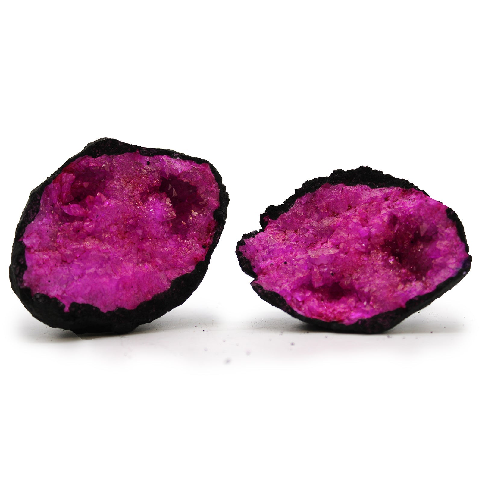 Coloured Natural Calcite Geode - Black Rock - Dark Red / Pink product packaging on clean background from Quintessential Holistic Health Ltd