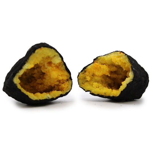 Coloured Natural Calcite Geode - Black Rock / Yellow product packaging on clean background from Quintessential Holistic Health Ltd