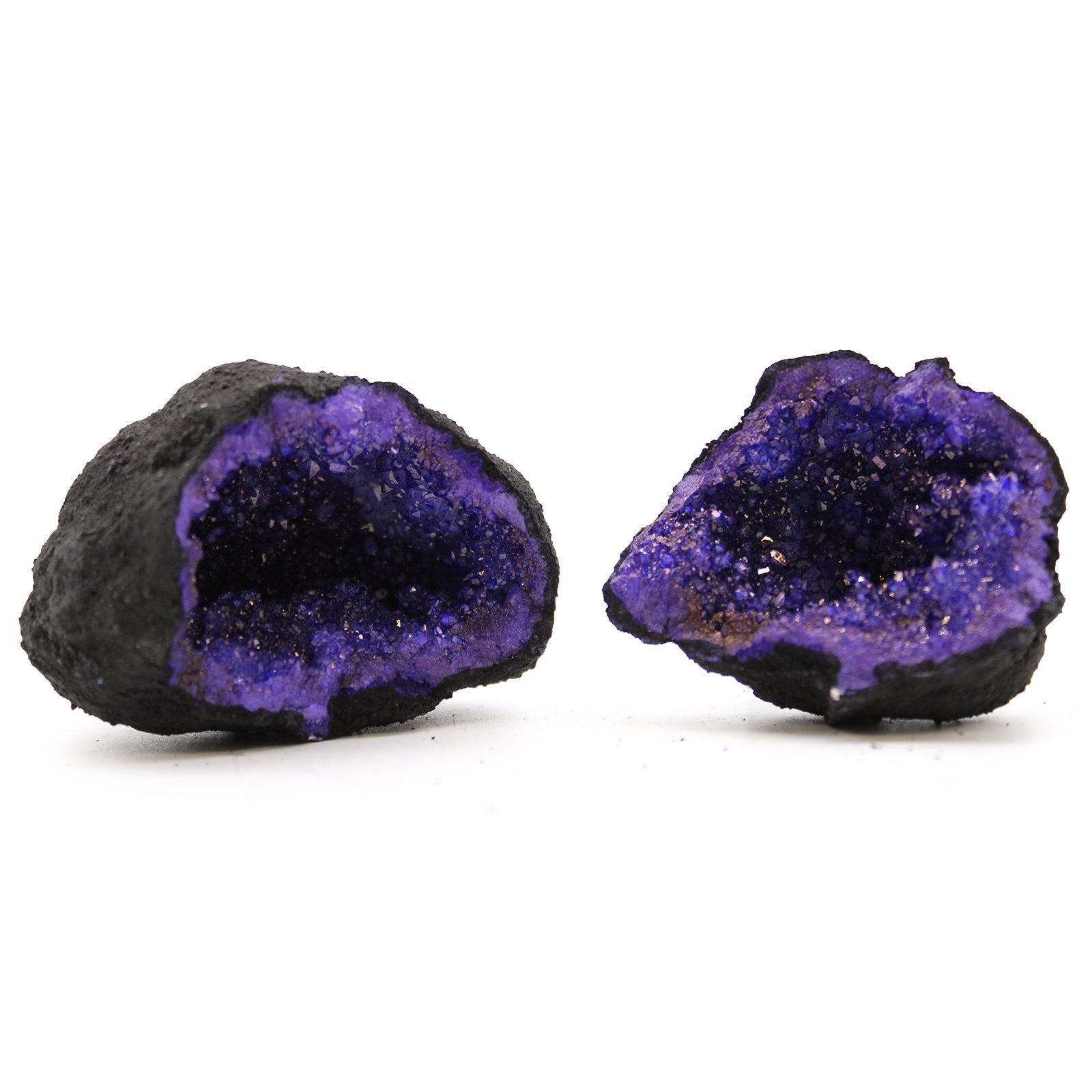 Coloured Natural Calcite Geode - Black Rock - Turquoise / Purple product packaging on clean background from Quintessential Holistic Health Ltd