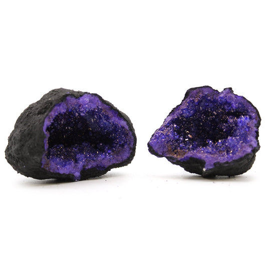 Coloured Natural Calcite Geode - Black Rock - Turquoise / Purple product packaging on clean background from Quintessential Holistic Health Ltd
