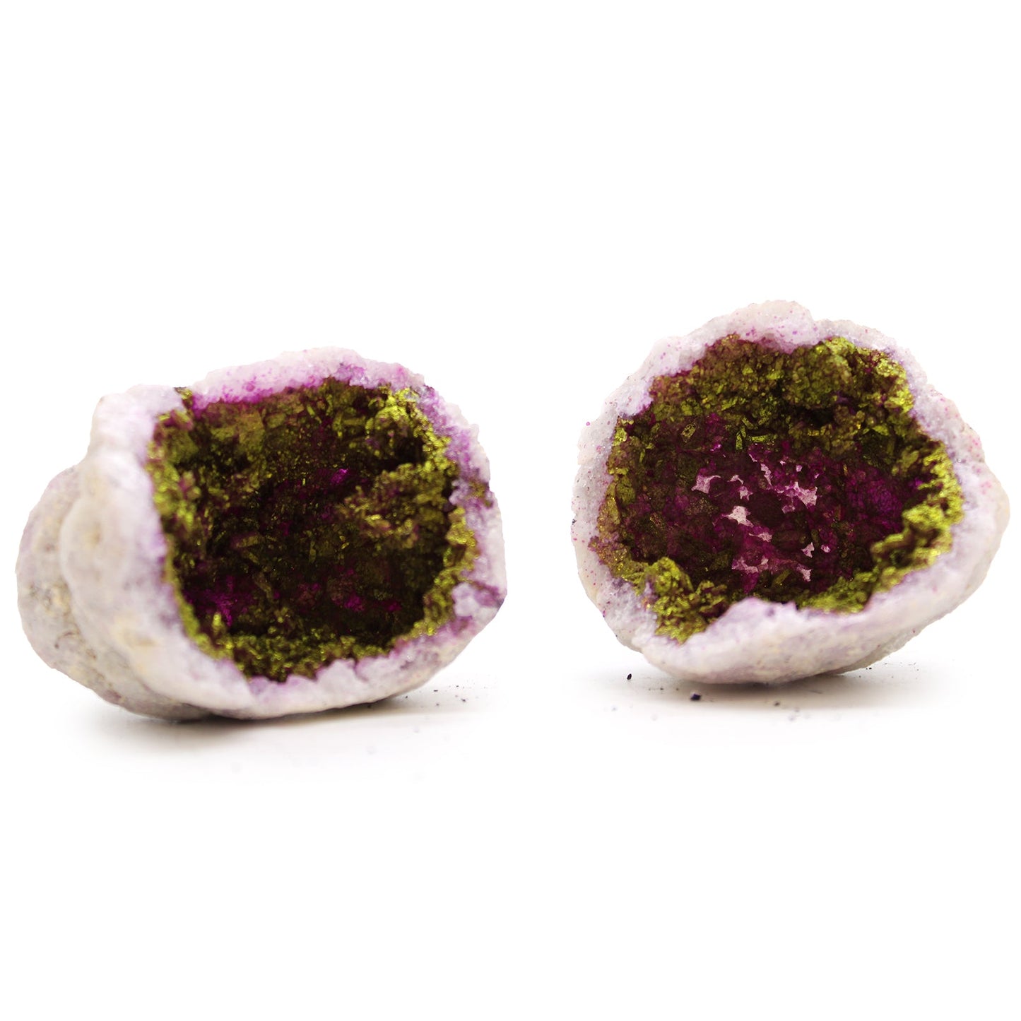 Coloured Natural Calcite Geode - Natural Rock / Pink and Gold product packaging on clean background from Quintessential Holistic Health Ltd