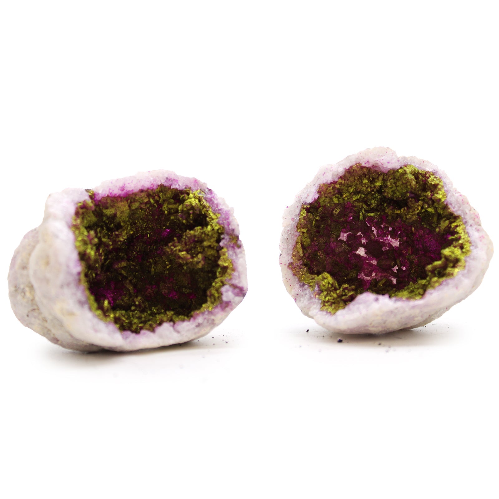 Coloured Natural Calcite Geode - Natural Rock / Pink and Gold product packaging on clean background from Quintessential Holistic Health Ltd