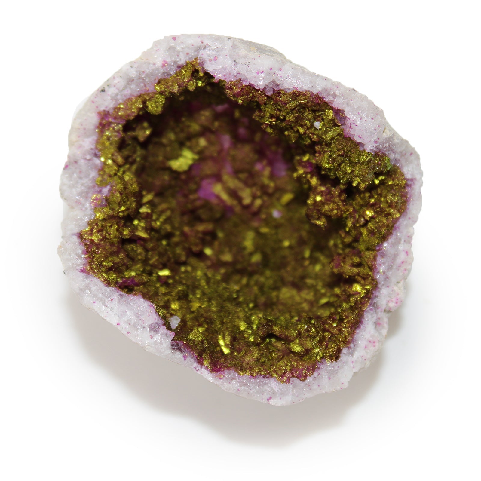 Coloured Natural Calcite Geode - Natural Rock / Pink and Gold product packaging on clean background from Quintessential Holistic Health Ltd