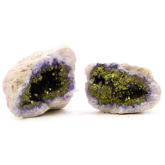 Coloured Natural Calcite Geode - Natural Rock / Purple and Gold product packaging on clean background from Quintessential Holistic Health Ltd