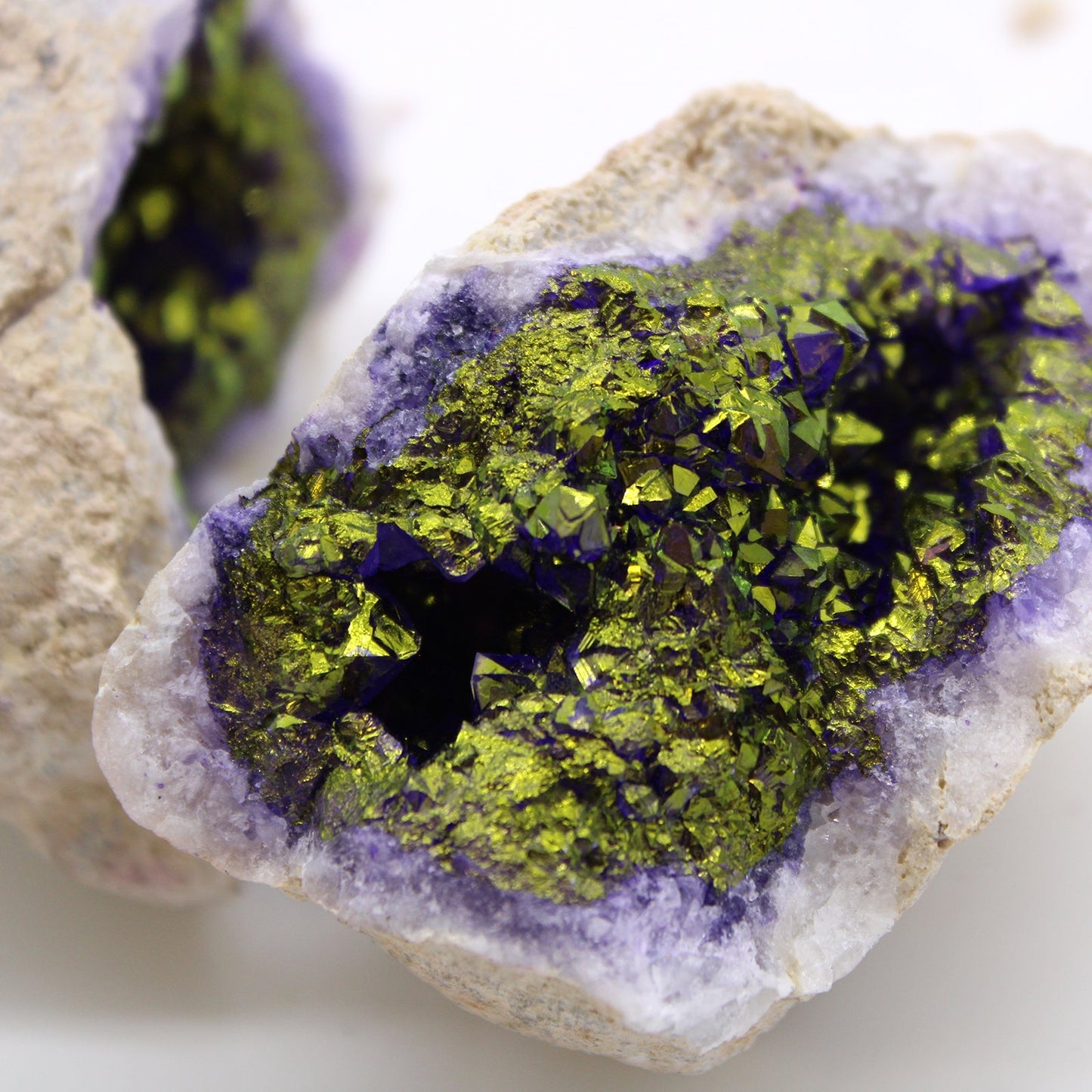 Coloured Natural Calcite Geode - Natural Rock / Purple and Gold product packaging on clean background from Quintessential Holistic Health Ltd
