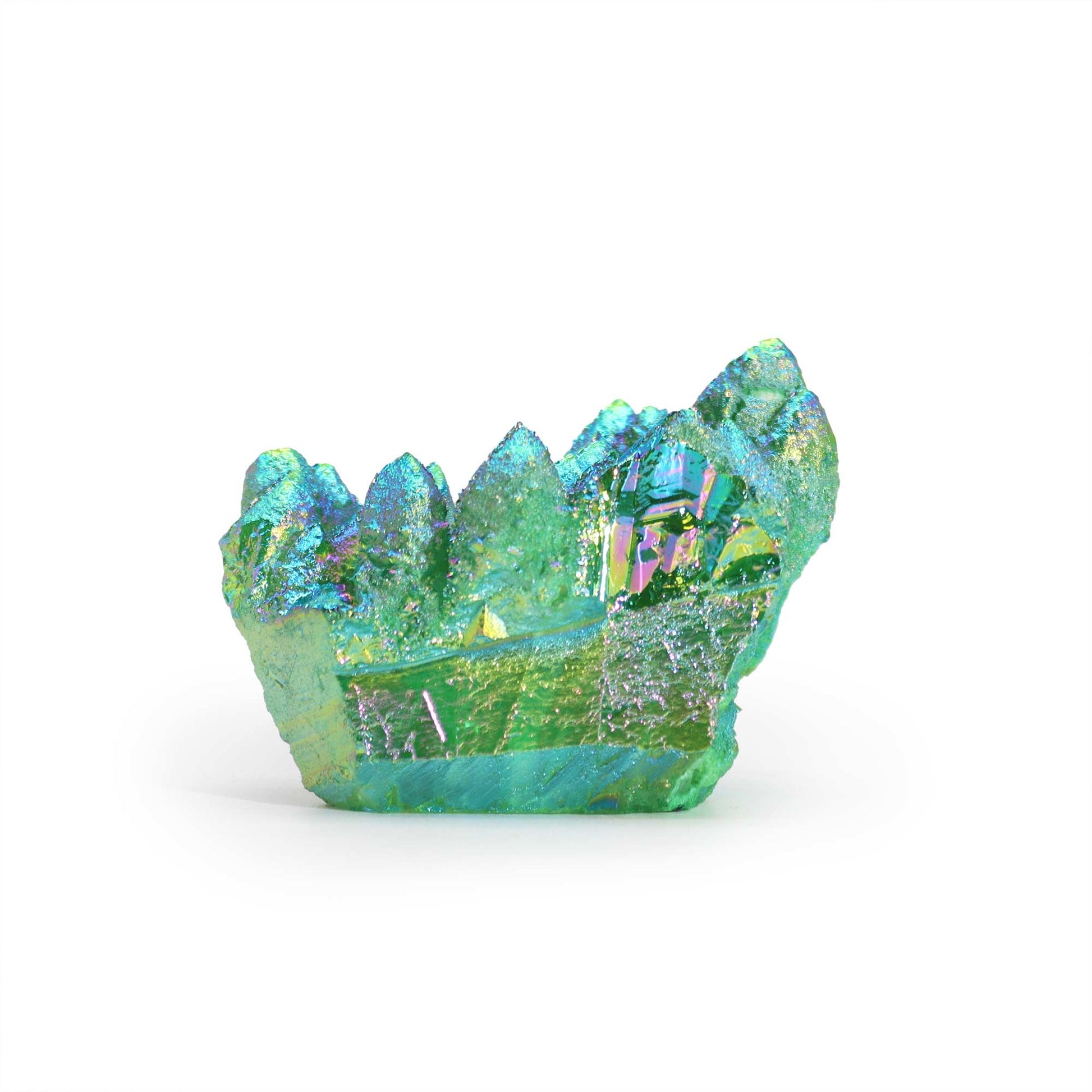 Handcrafted Natural Crystal Quartz - Medium / Aura Green Flame product packaging on clean background from Quintessential Holistic Health Ltd