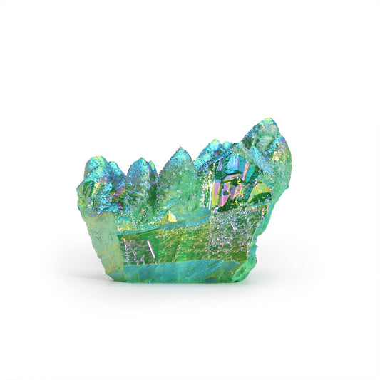 Handcrafted Natural Crystal Quartz - Medium / Aura Green Flame product packaging on clean background from Quintessential Holistic Health Ltd