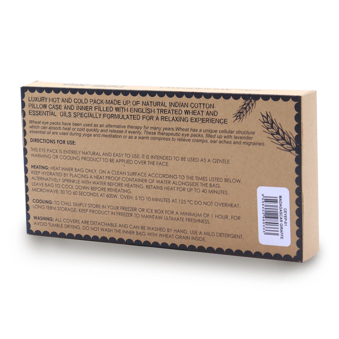 Natural Cotton and Wheat Eye Pillow in Gift Box - Madagascar Giraffe product packaging on clean background from Quintessential Holistic Health Ltd
