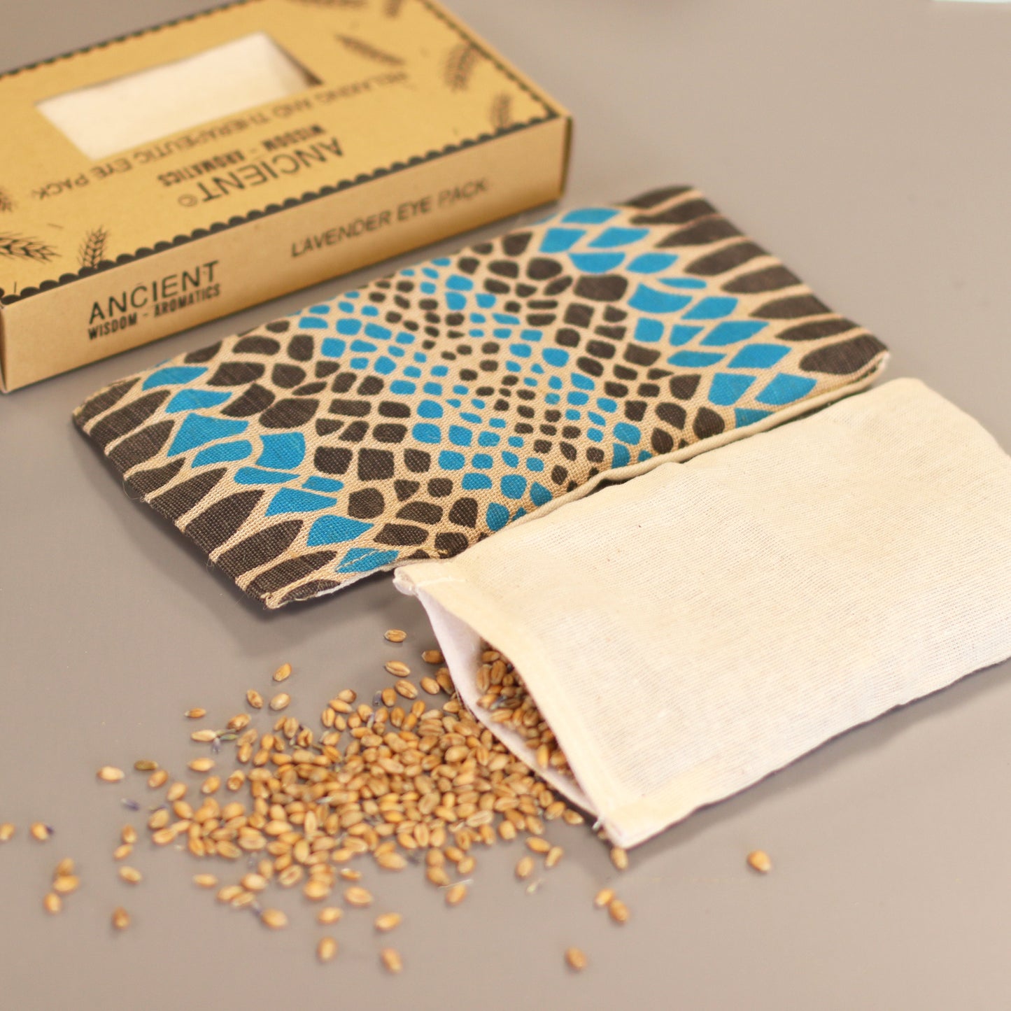 Natural Cotton and Wheat Eye Pillow in Gift Box - Blue Viper product packaging on clean background from Quintessential Holistic Health Ltd