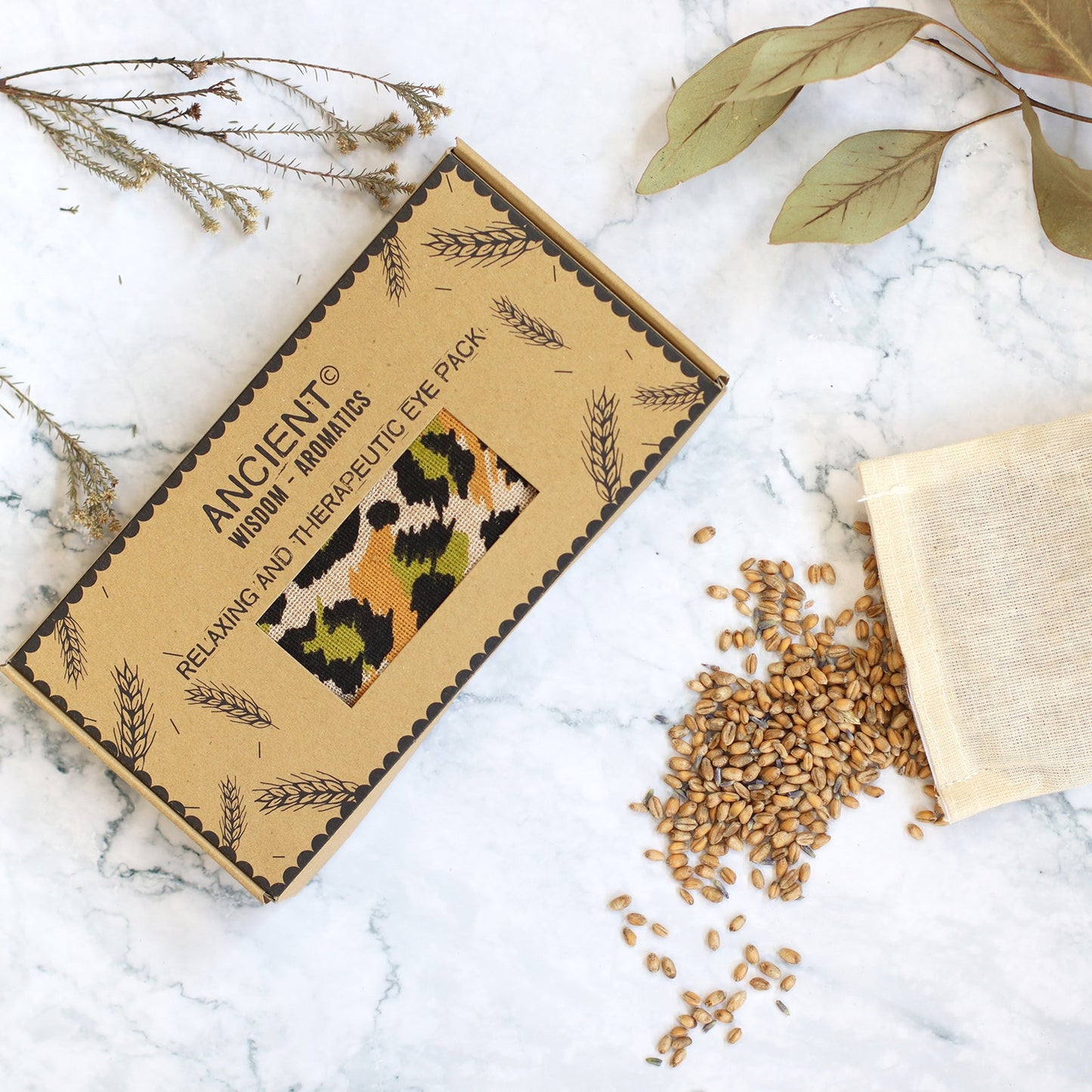 Natural Cotton and Wheat Eye Pillow in Gift Box - Night Leopard product packaging on clean background from Quintessential Holistic Health Ltd