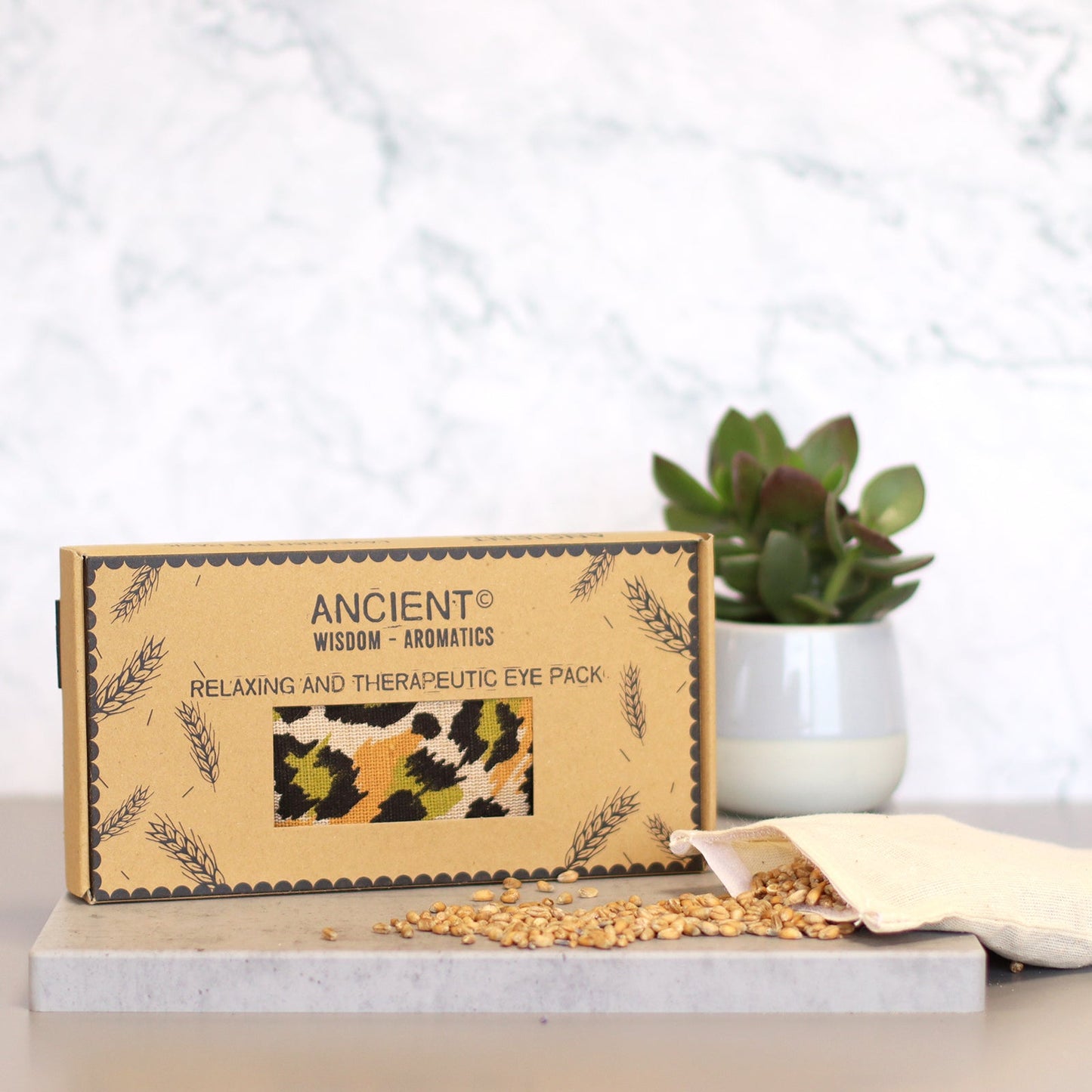 Natural Cotton and Wheat Eye Pillow in Gift Box - Night Leopard product packaging on clean background from Quintessential Holistic Health Ltd
