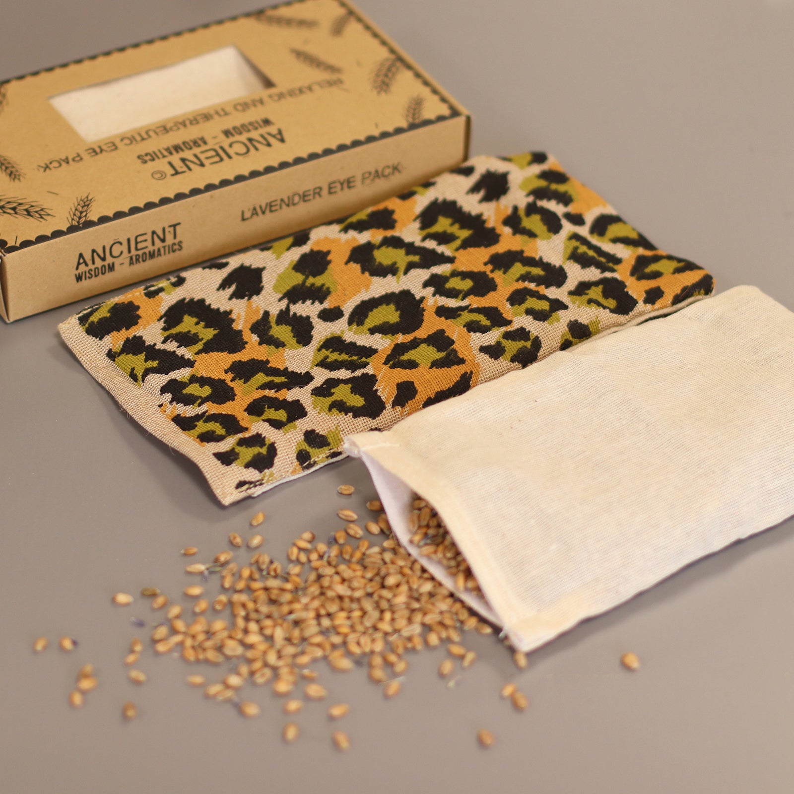 Natural Cotton and Wheat Eye Pillow in Gift Box - Night Leopard product packaging on clean background from Quintessential Holistic Health Ltd