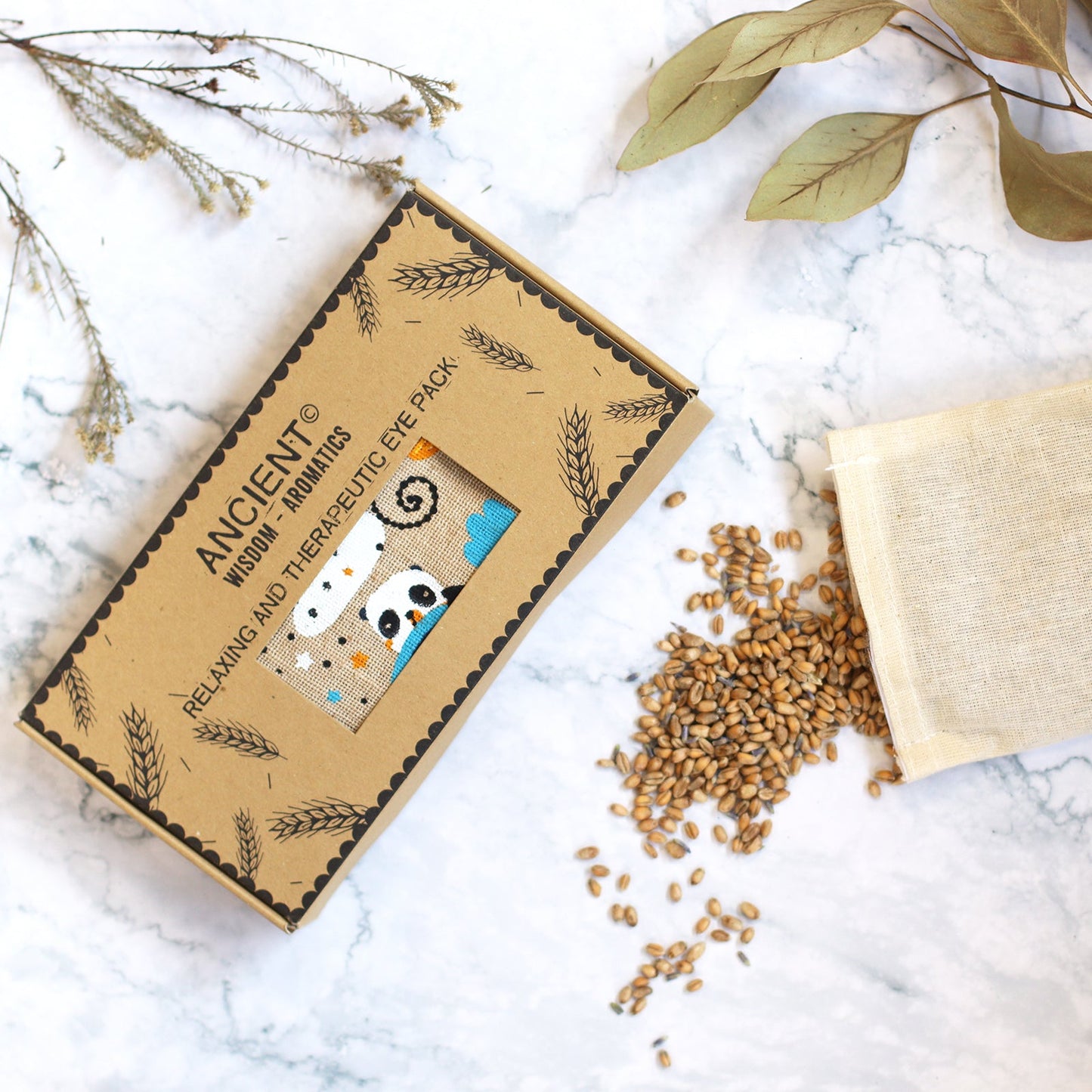 Natural Cotton and Wheat Eye Pillow in Gift Box - Sleepy Lavender Panda product packaging on clean background from Quintessential Holistic Health Ltd