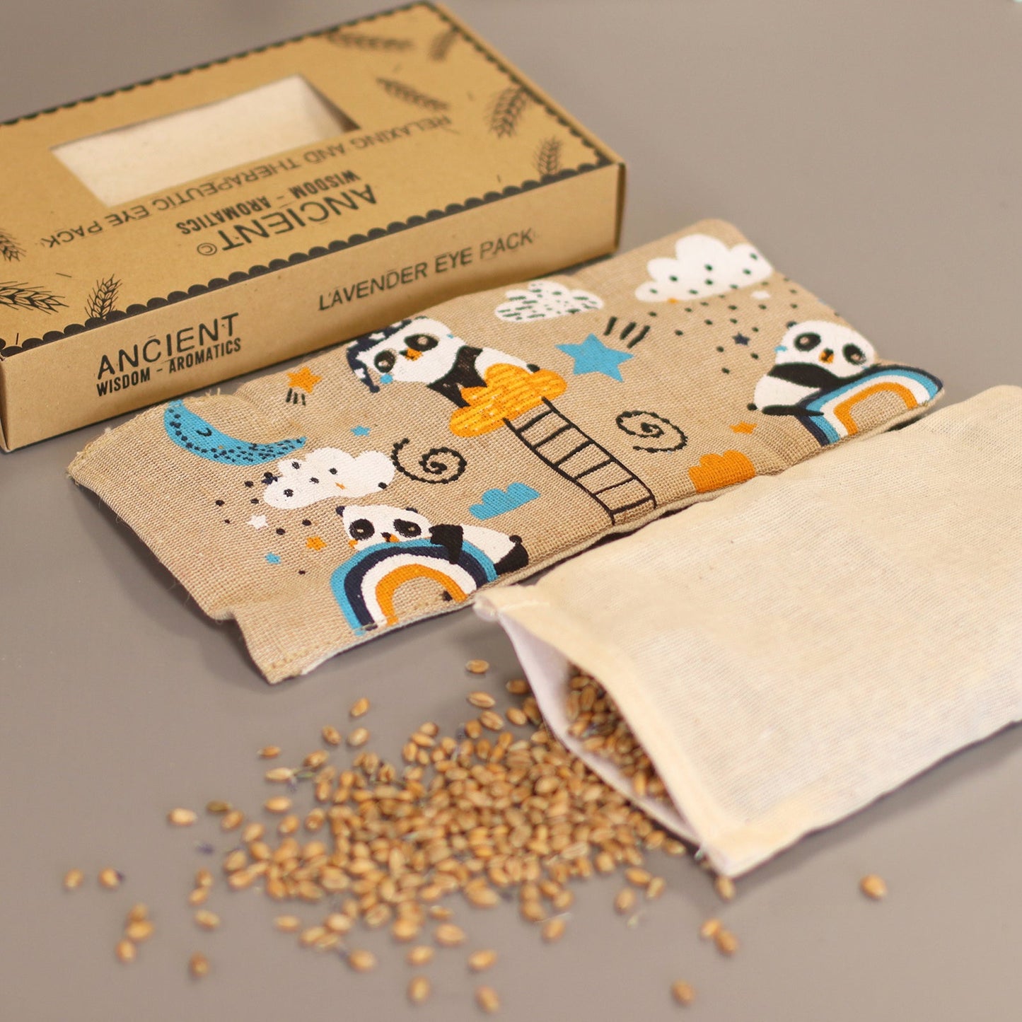 Natural Cotton and Wheat Eye Pillow in Gift Box - Sleepy Lavender Panda product packaging on clean background from Quintessential Holistic Health Ltd