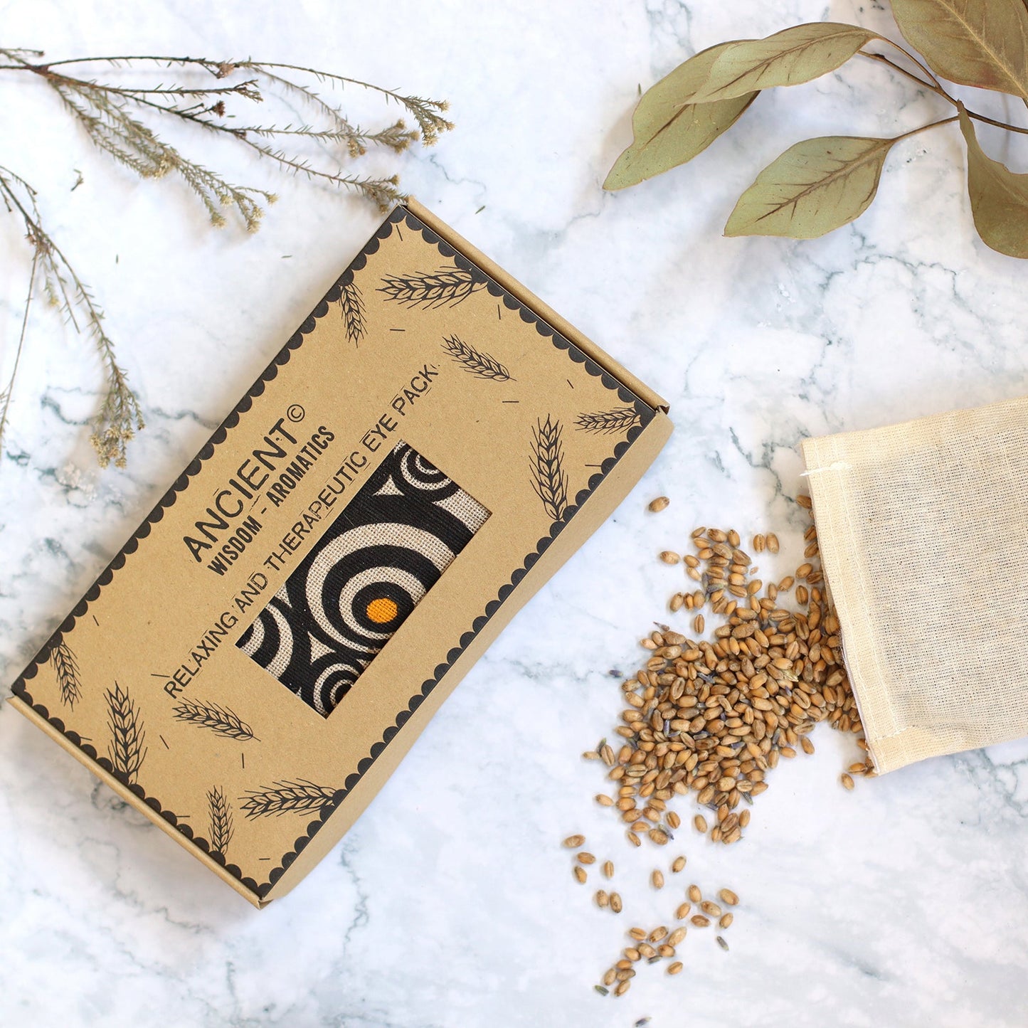 Natural Cotton and Wheat Eye Pillow in Gift Box - Illusion product packaging on clean background from Quintessential Holistic Health Ltd