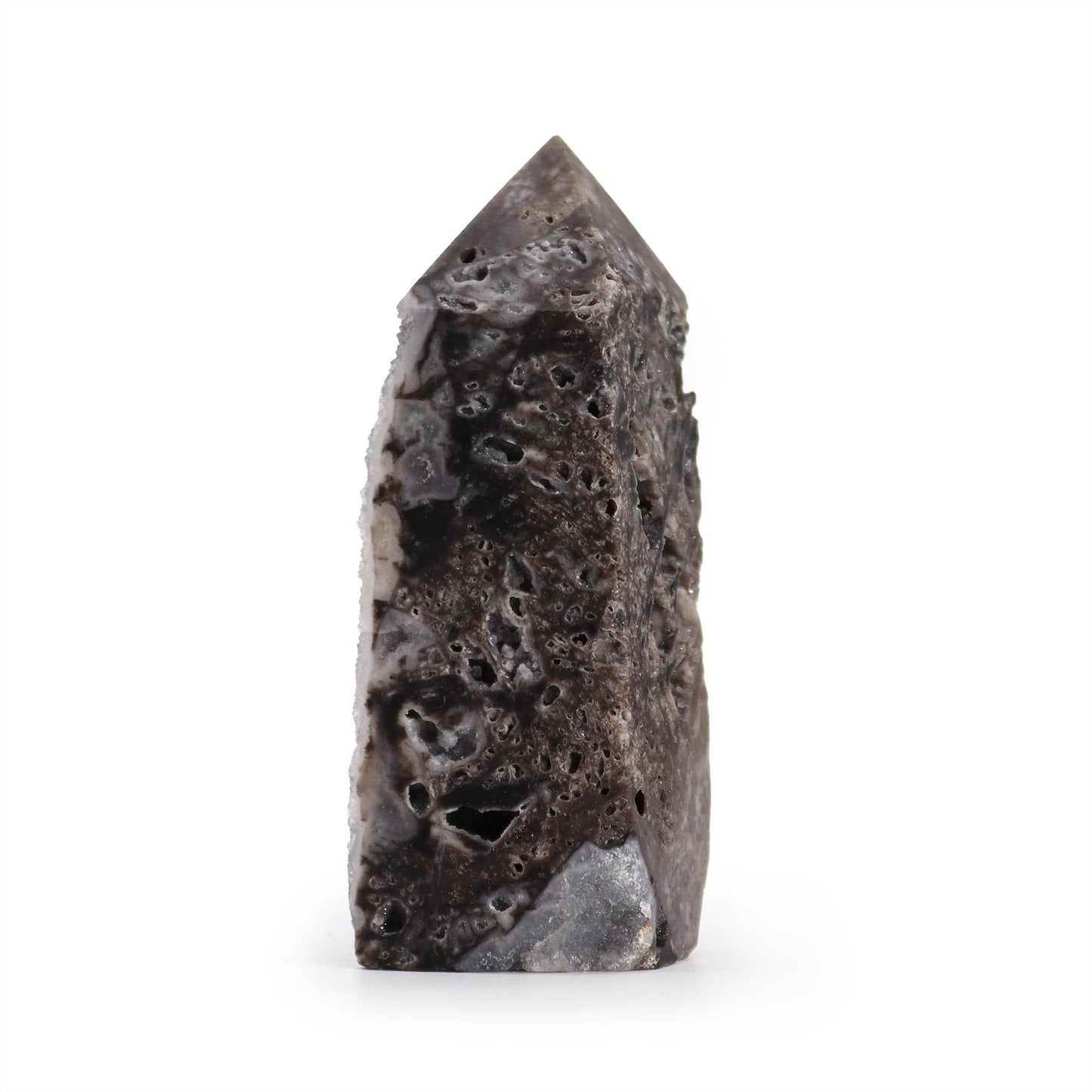 Hand Carved Natural Calcite Side Polished Tower product packaging on clean background from Quintessential Holistic Health Ltd