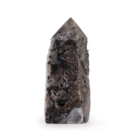 Hand Carved Natural Calcite Side Polished Tower product packaging on clean background from Quintessential Holistic Health Ltd