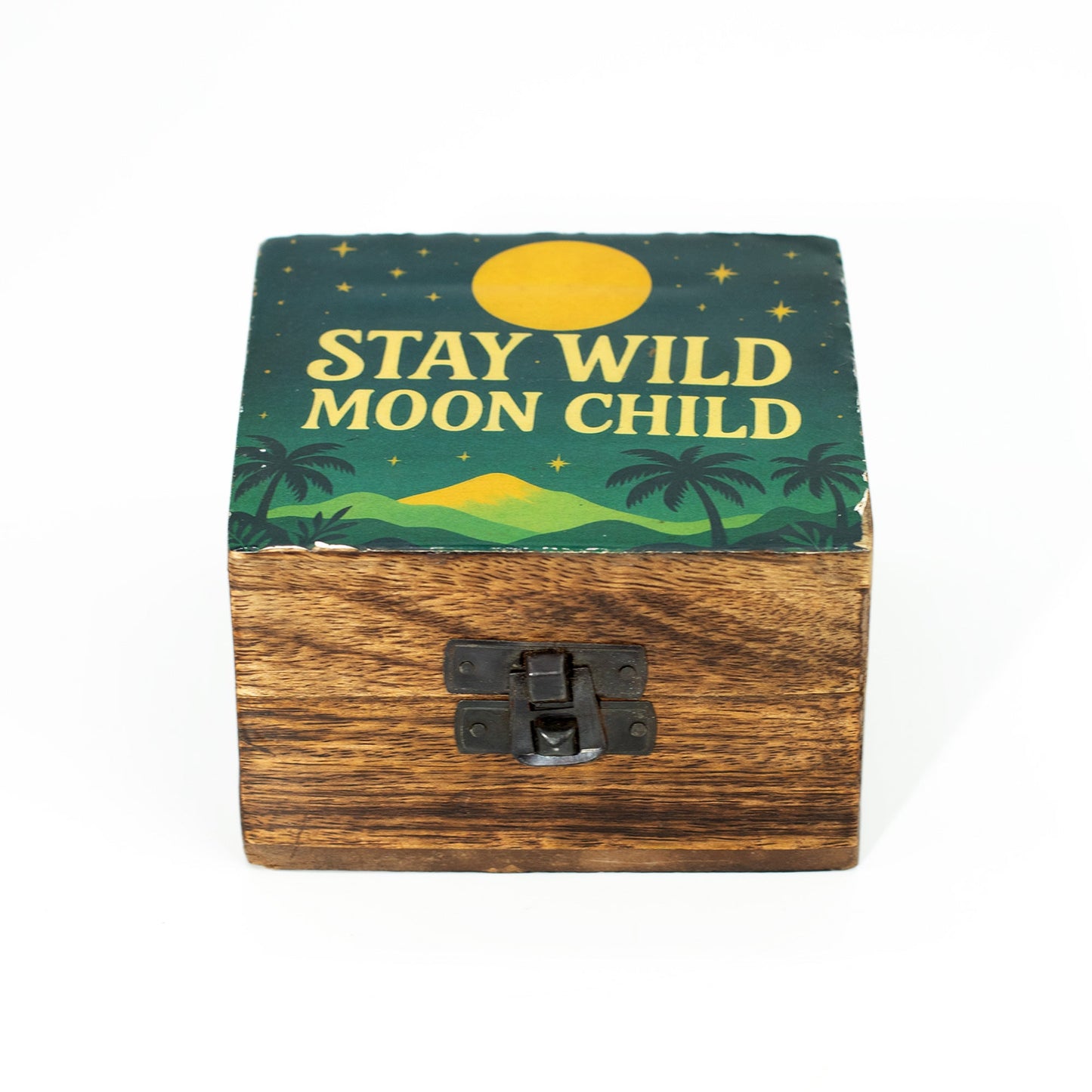 Hand Crafted Enamelled Wooden Box - Small / Square / Stay Wild Moon Child product packaging on clean background from Quintessential Holistic Health Ltd