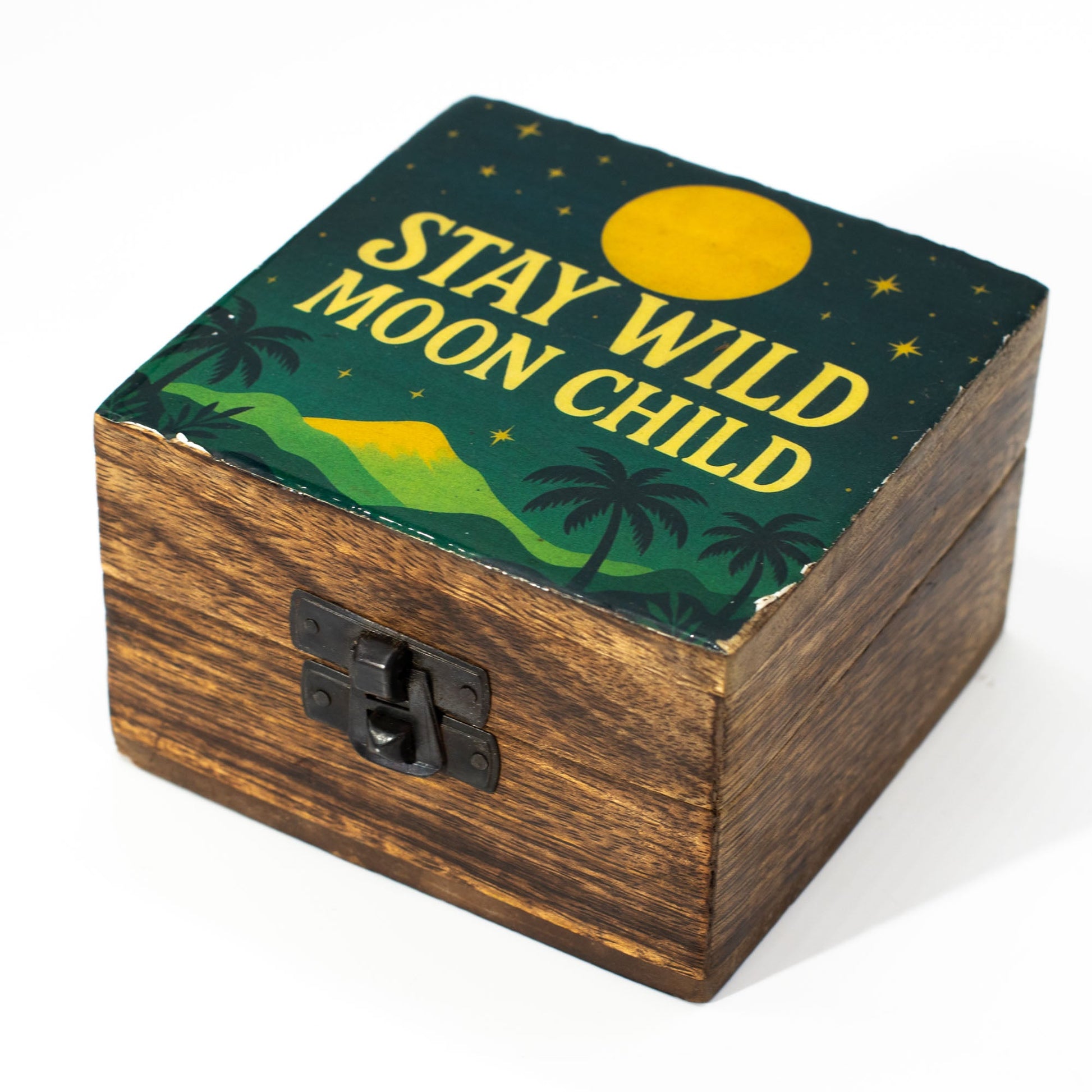 Hand Crafted Enamelled Wooden Box - Small / Square / Stay Wild Moon Child product packaging on clean background from Quintessential Holistic Health Ltd