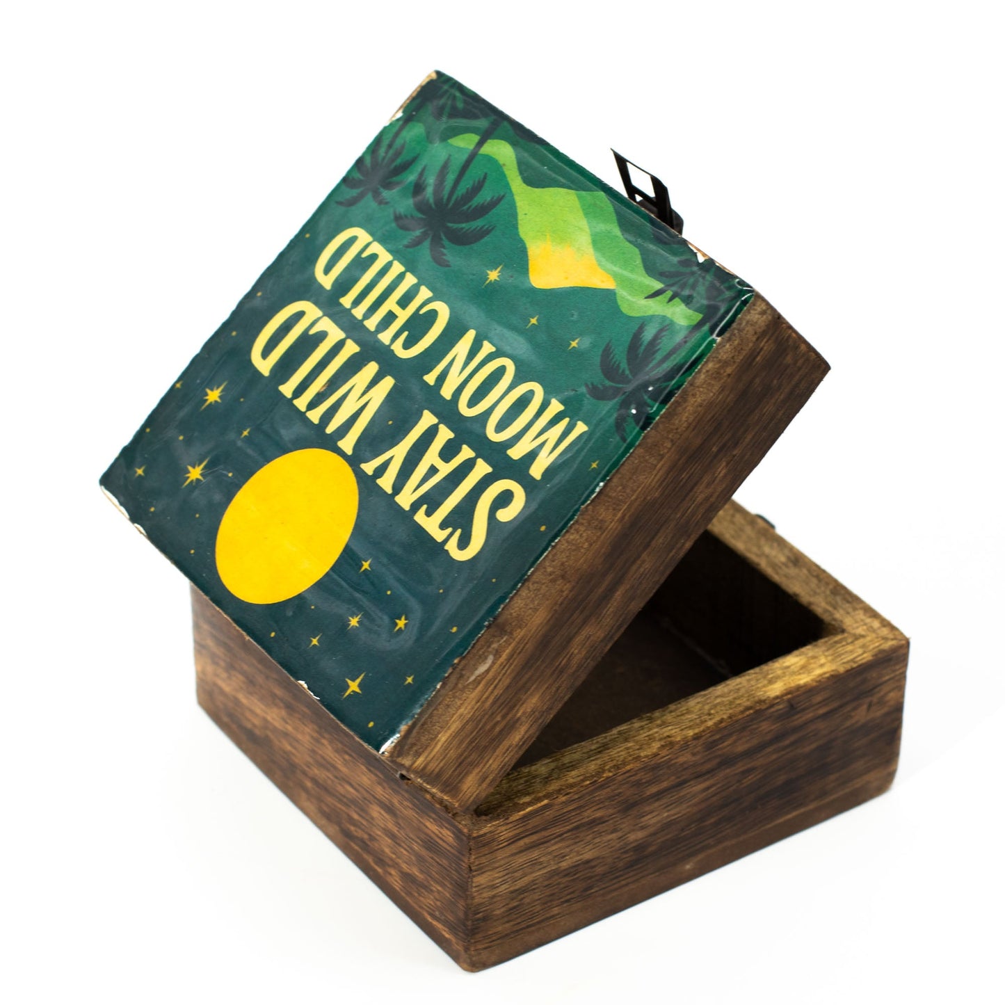 Hand Crafted Enamelled Wooden Box - Small / Square / Stay Wild Moon Child product packaging on clean background from Quintessential Holistic Health Ltd